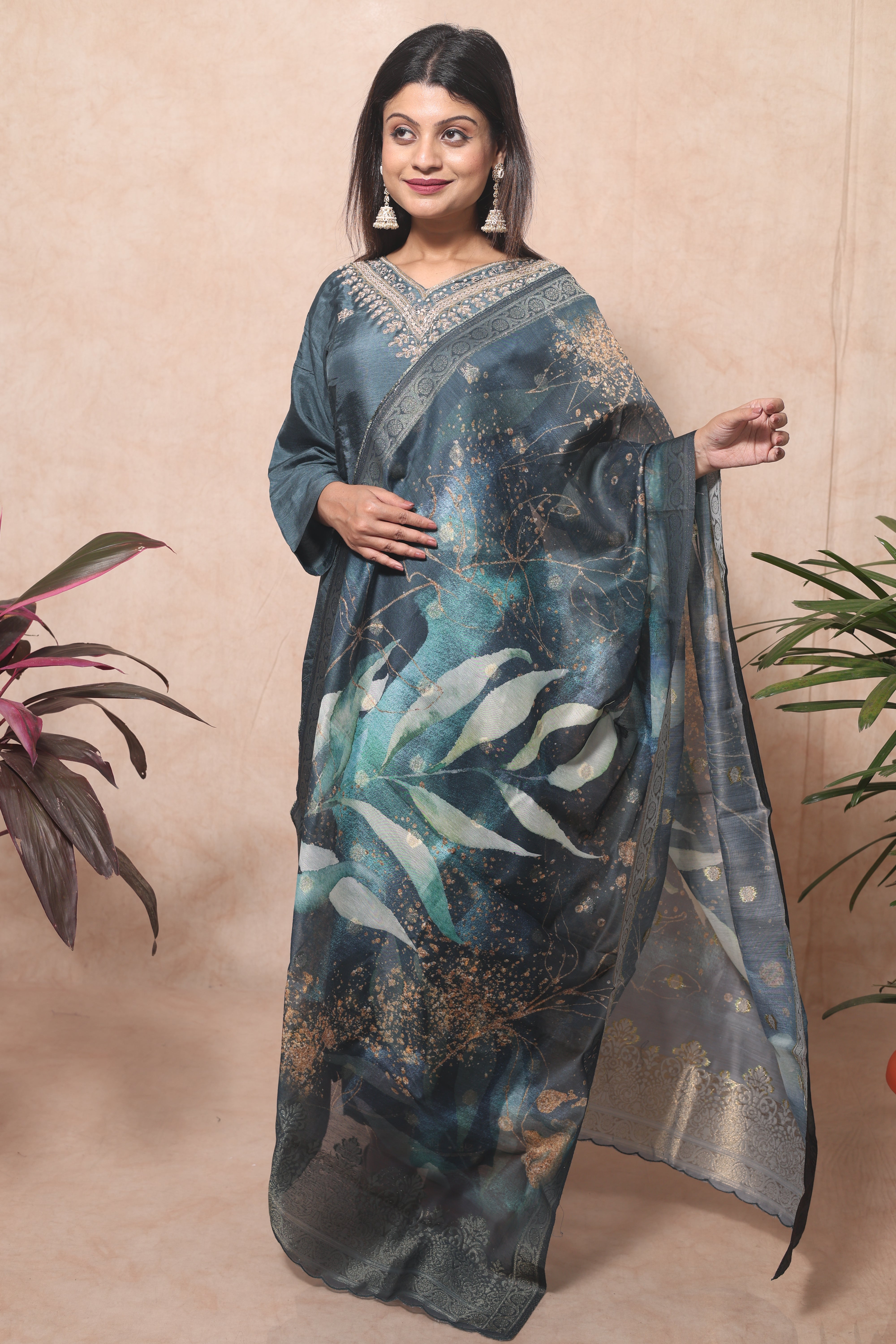 Teal Blue Color Dola Silk Hand Crafted Suit Set