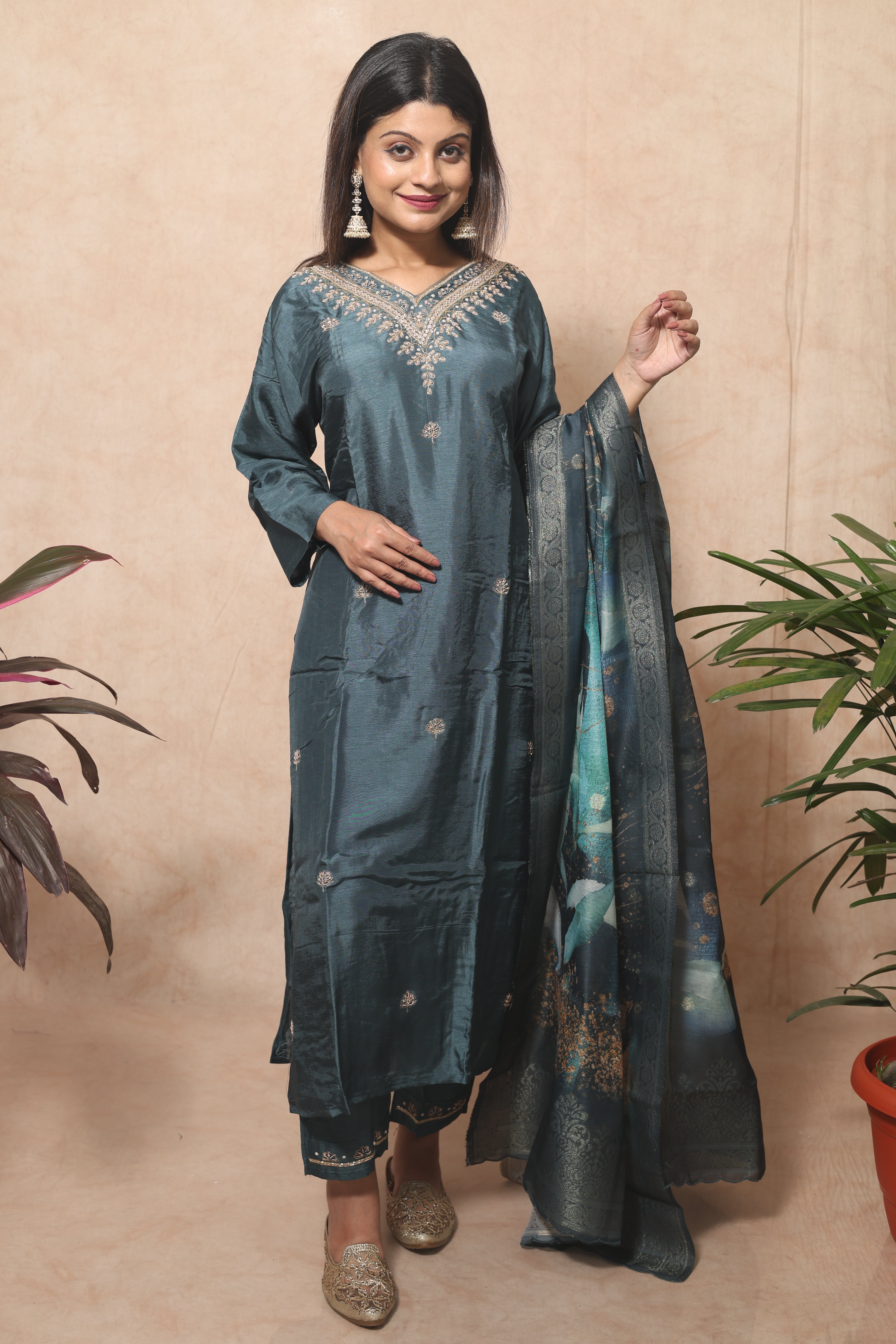 Teal Blue Color Dola Silk Hand Crafted Suit Set