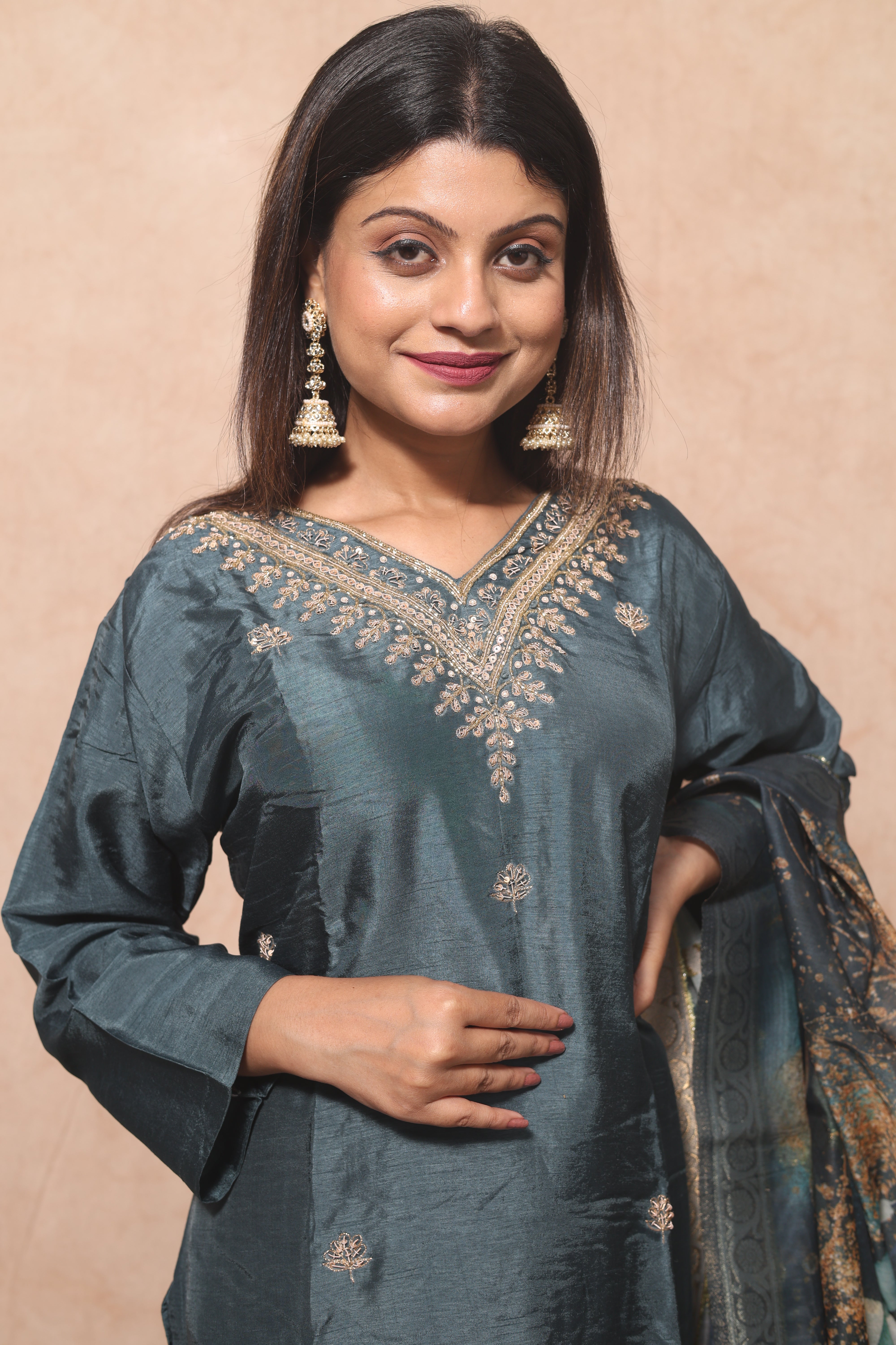 Teal Blue Color Dola Silk Hand Crafted Suit Set