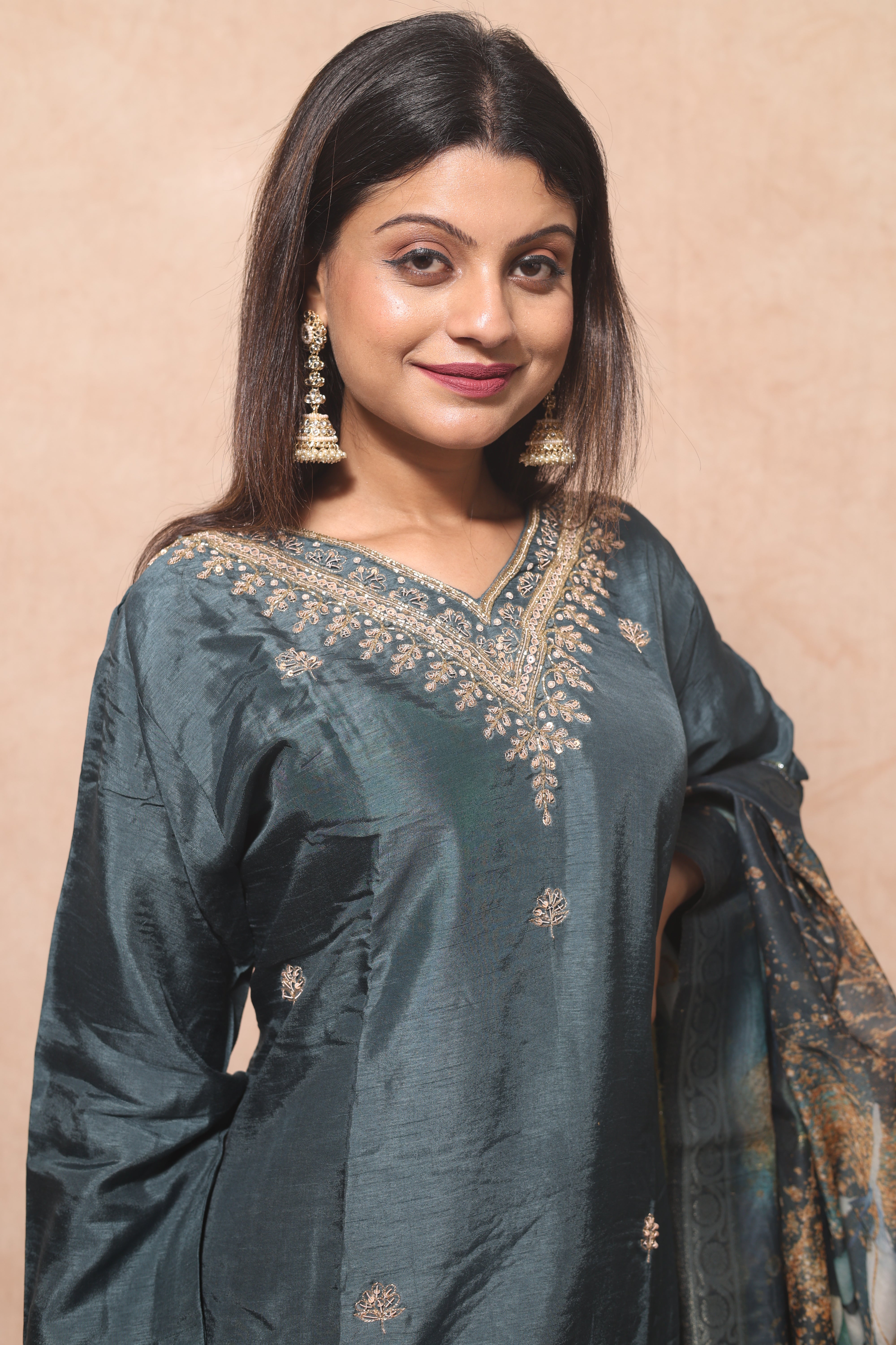 Teal Blue Color Dola Silk Hand Crafted Suit Set