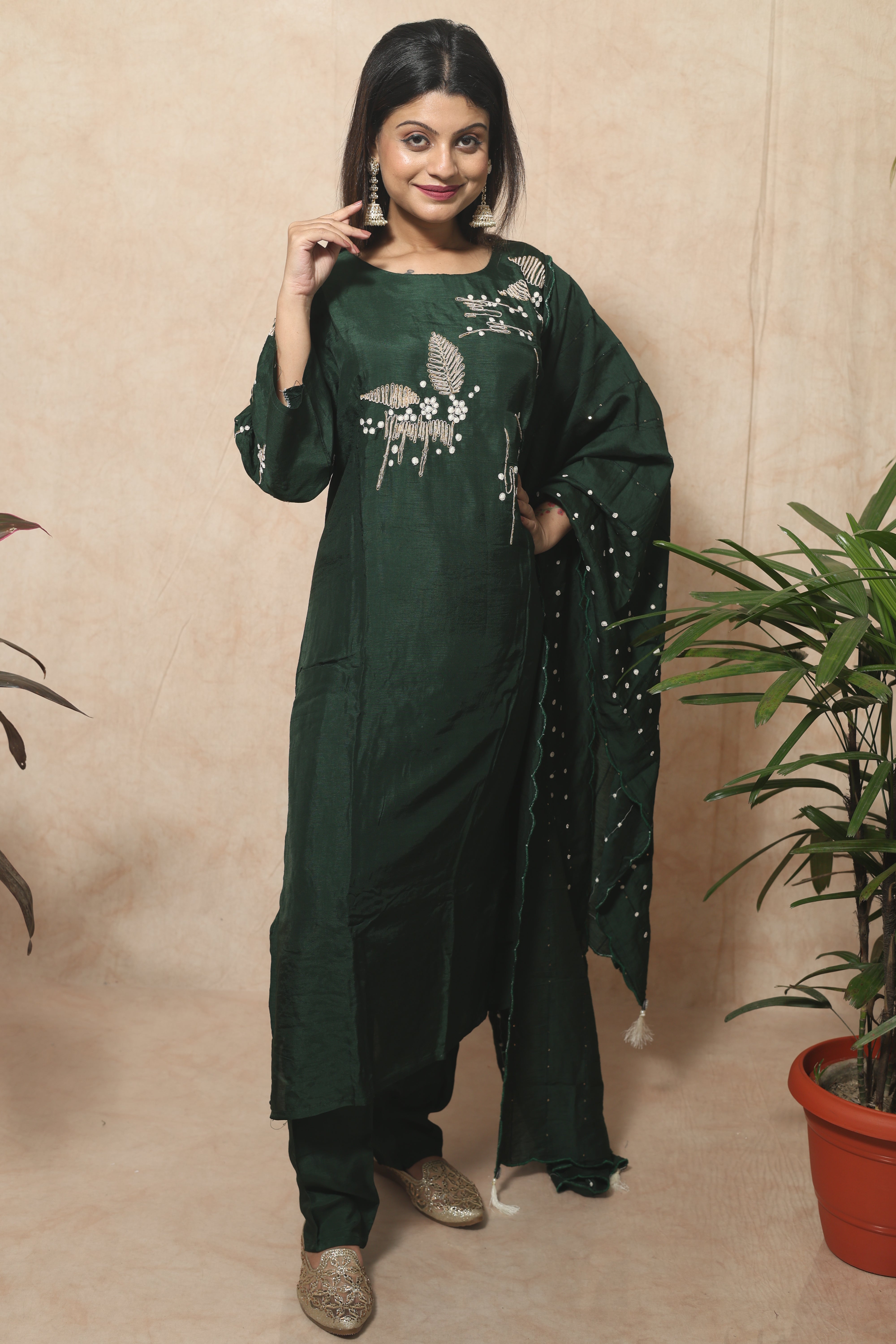 green dola silk suit with hand embroidery