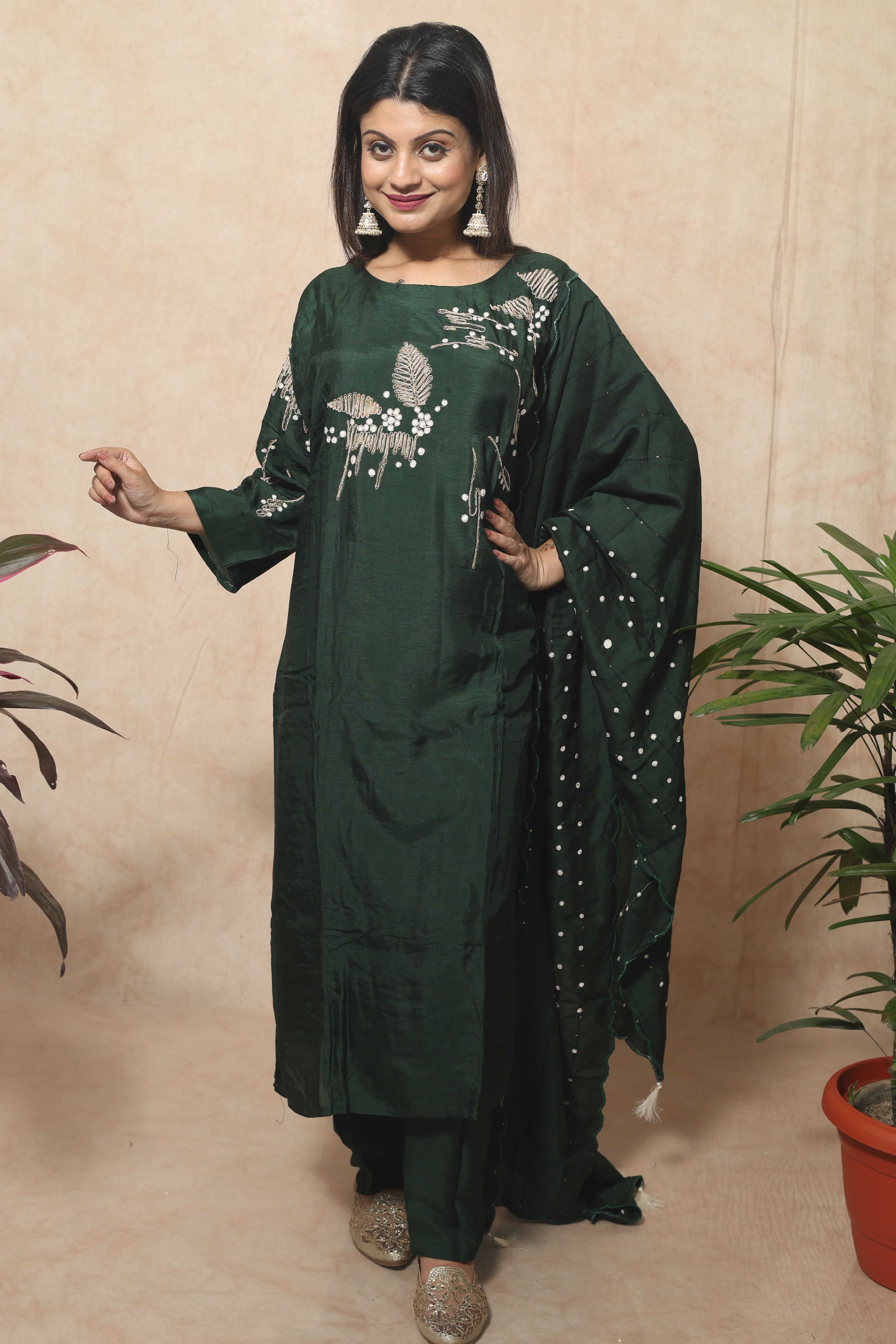 Bottle Green Color Hand Embroidery Dola Silk Suit Set