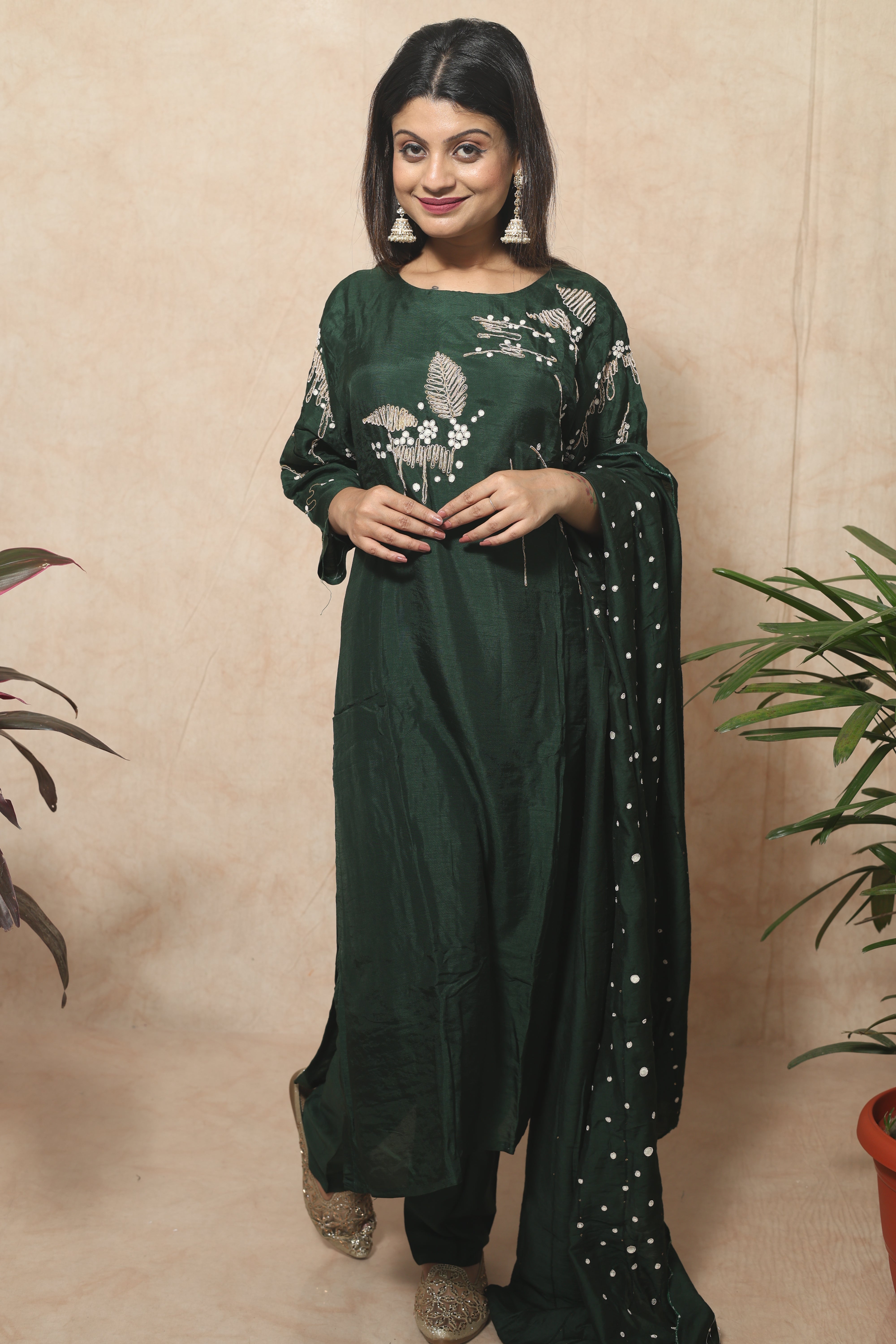 Bottle Green Color Hand Embroidery Dola Silk Suit Set