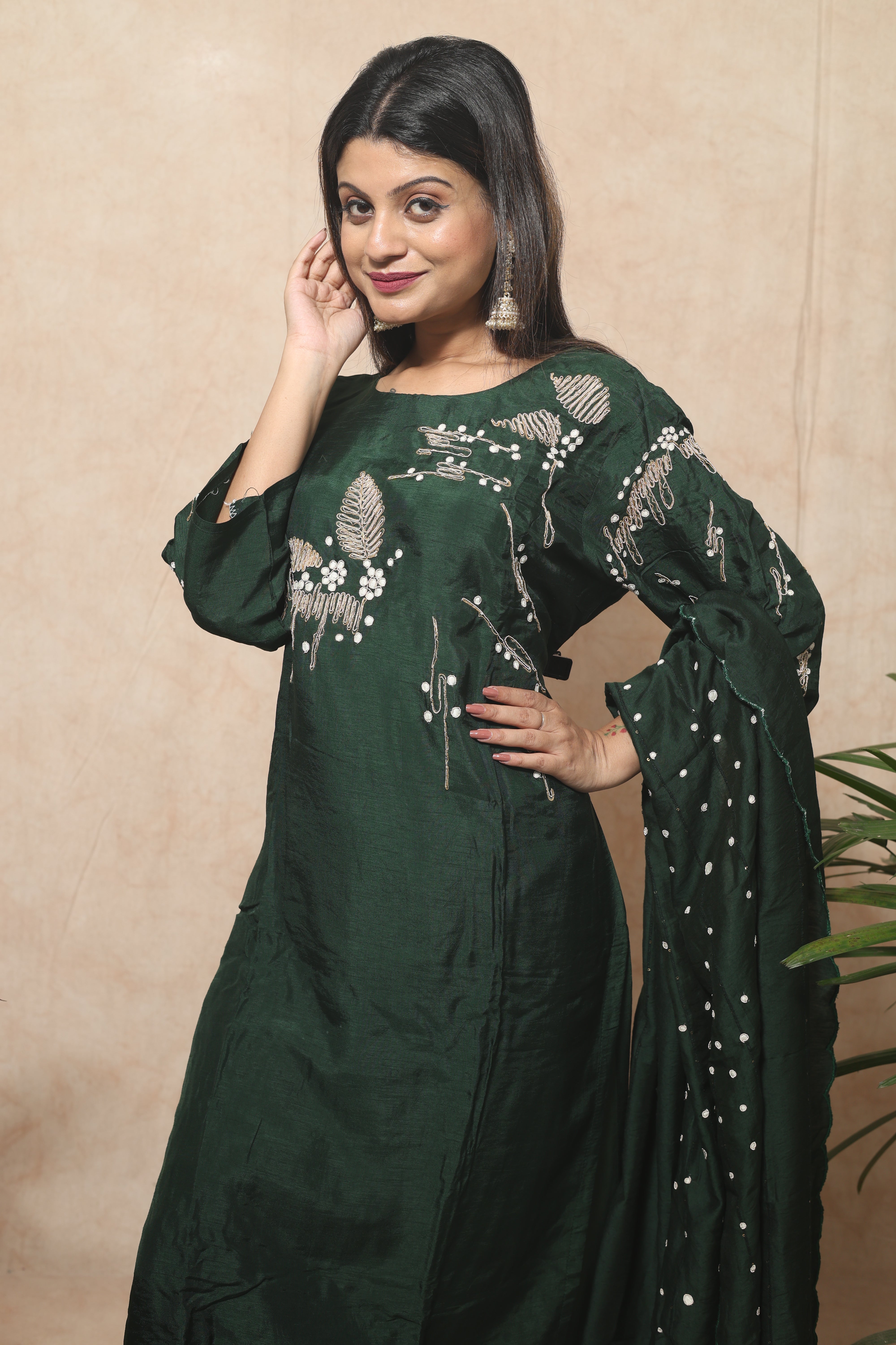 Bottle Green Color Hand Embroidery Dola Silk Suit Set
