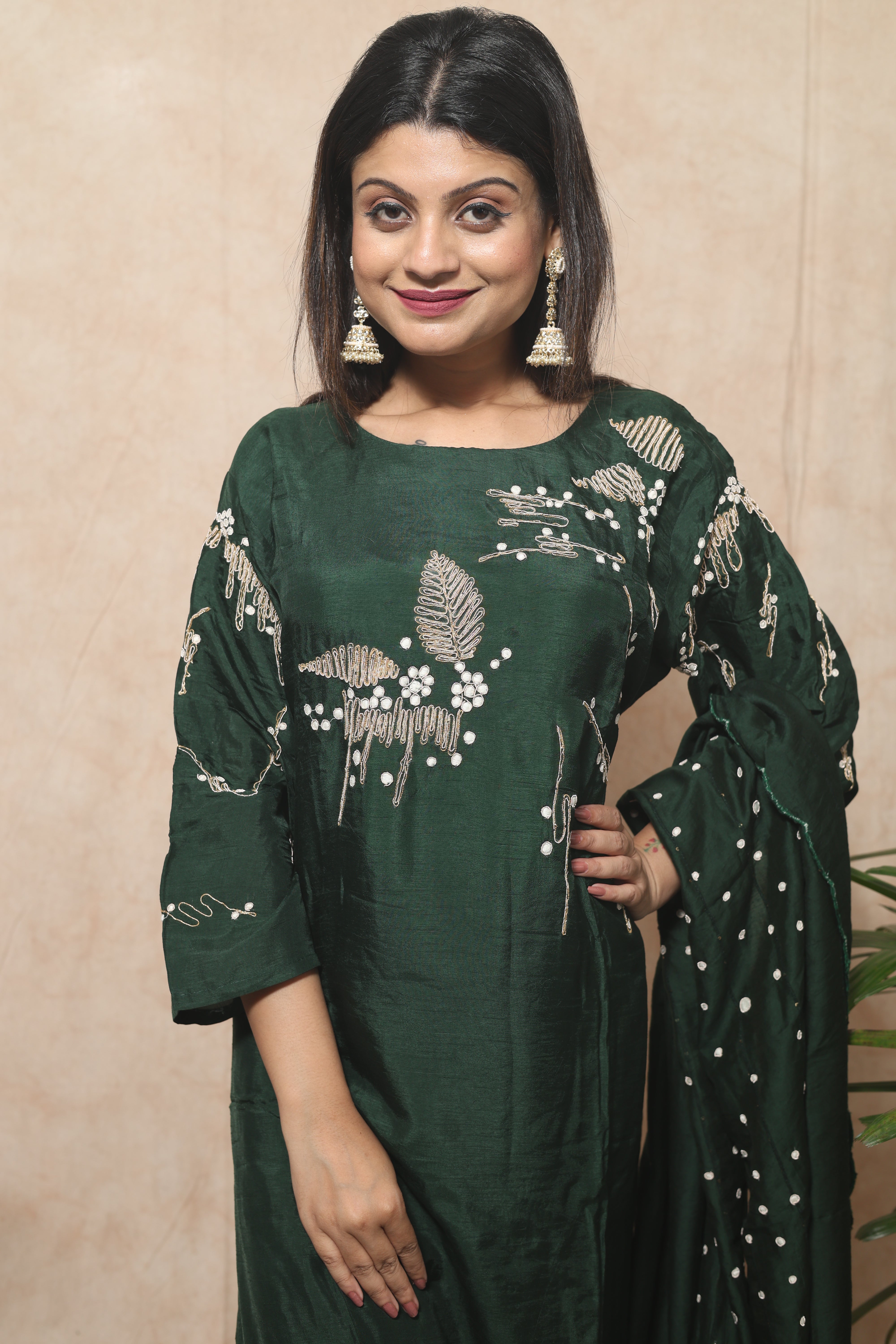 Bottle Green Color Hand Embroidery Dola Silk Suit Set