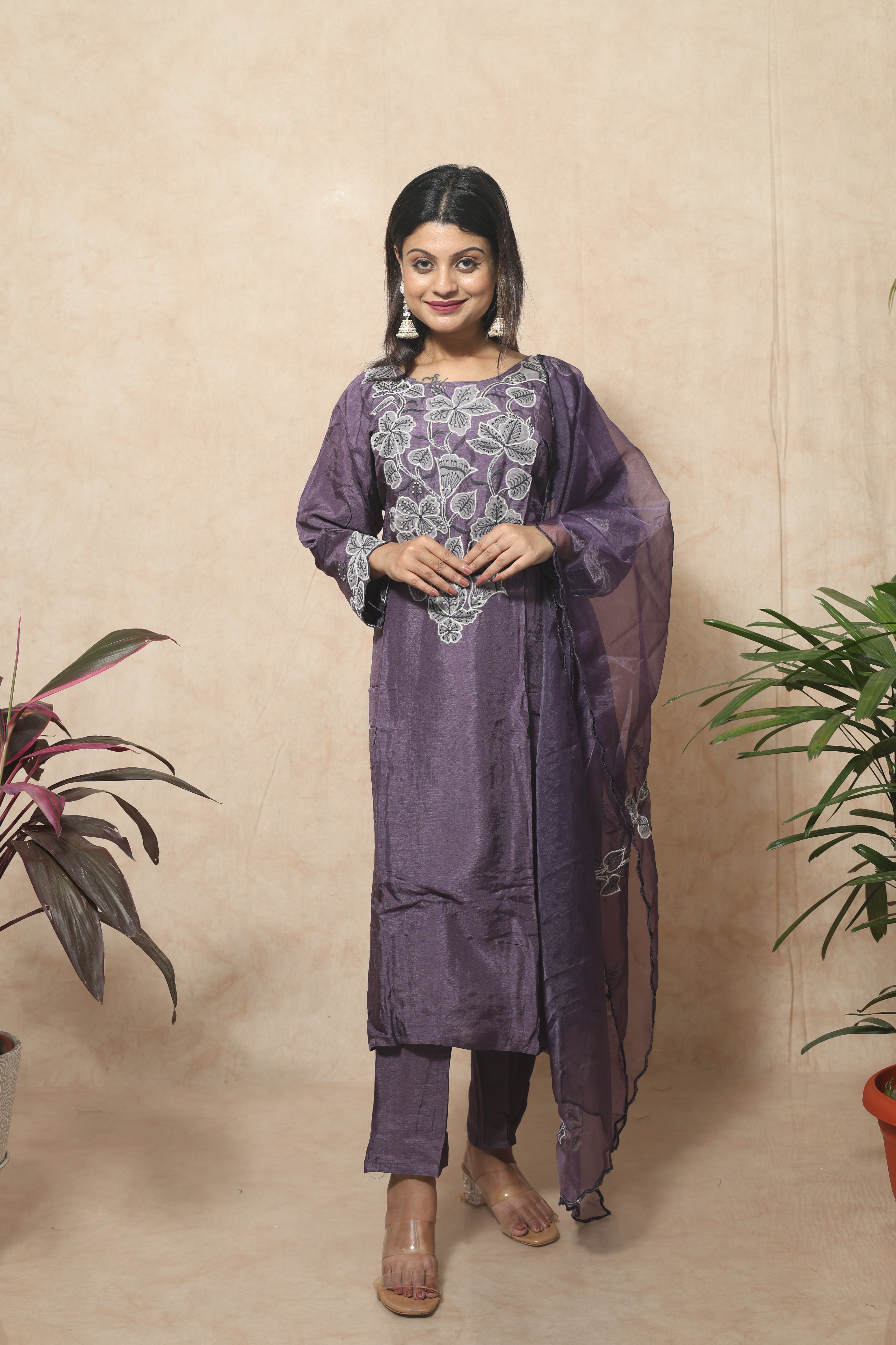 Purple dola silk suit with hand embroidery, perfect for women's wear
