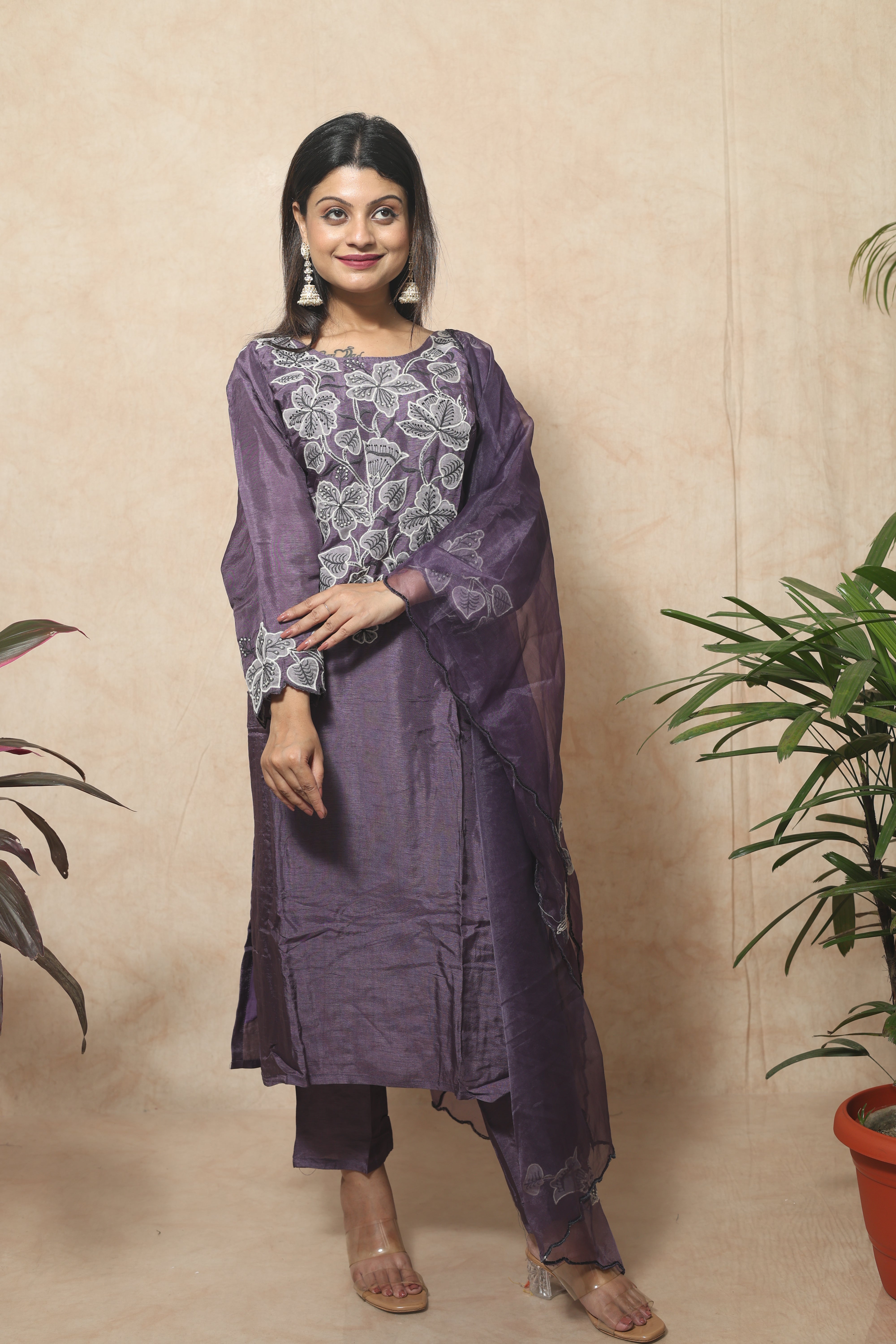 Hand Embroidery Dola Silk Purple Color Suit Set