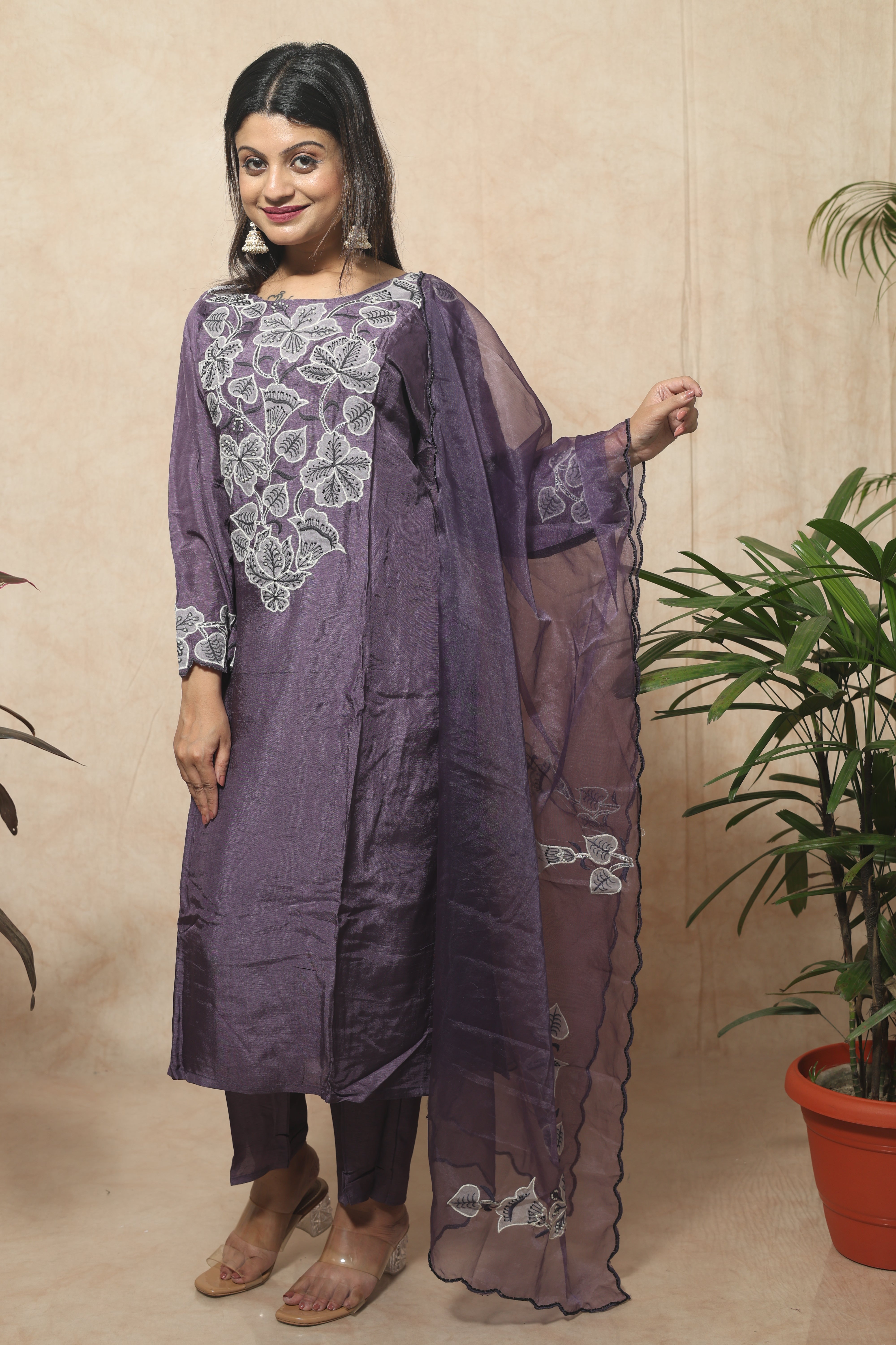 Hand Embroidery Dola Silk Purple Color Suit Set