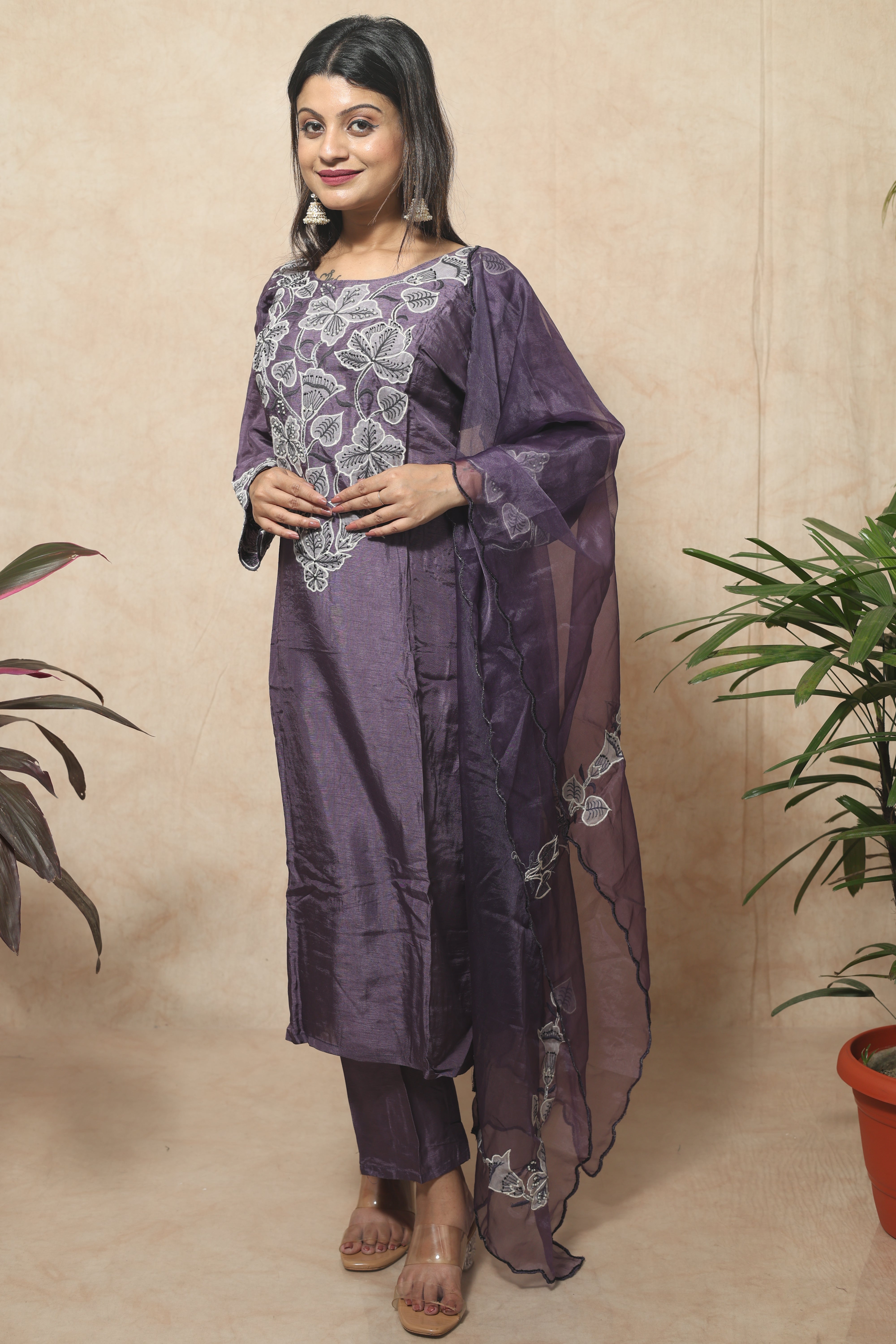 Hand Embroidery Dola Silk Purple Color Suit Set
