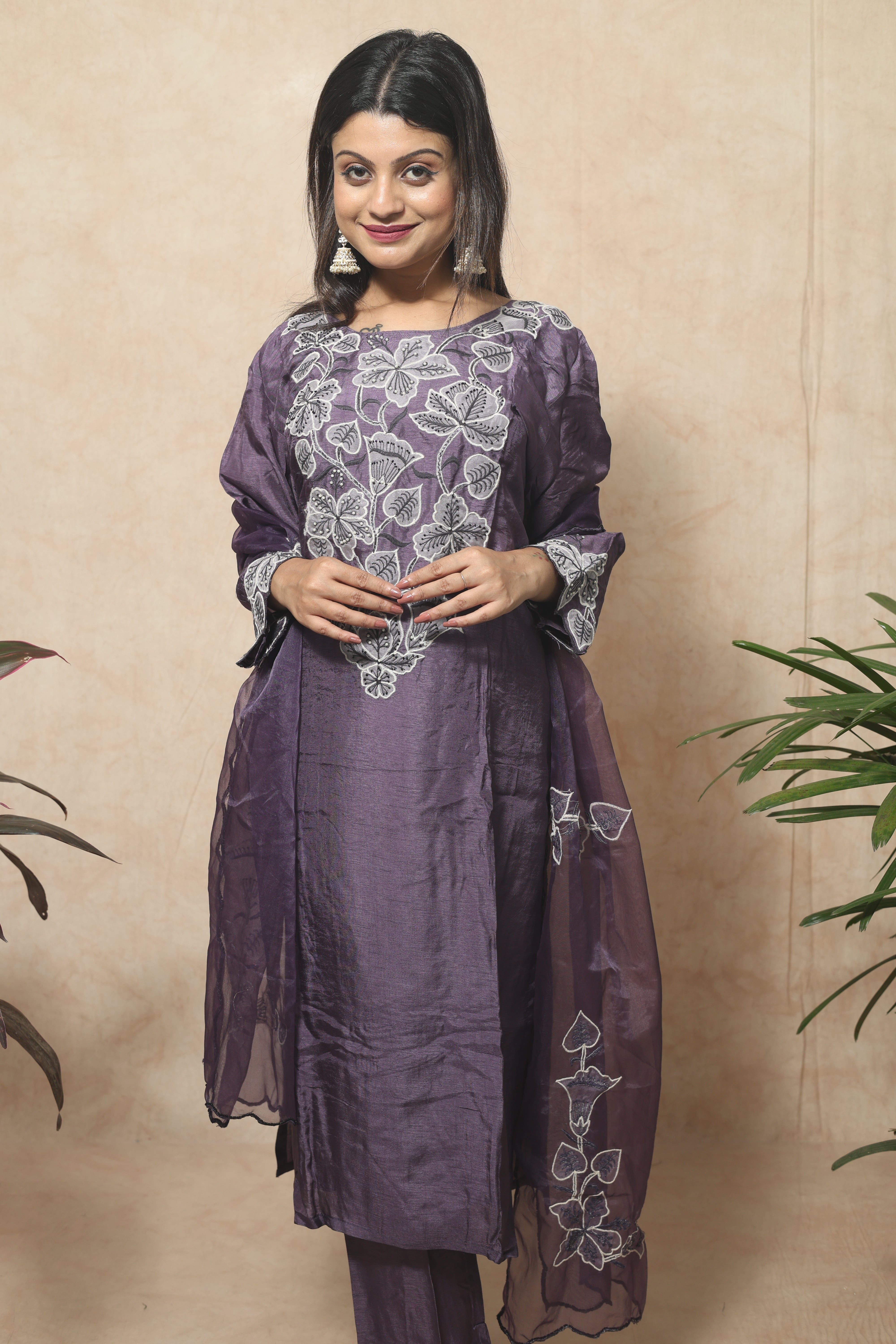 Hand Embroidery Dola Silk Purple Color Suit Set