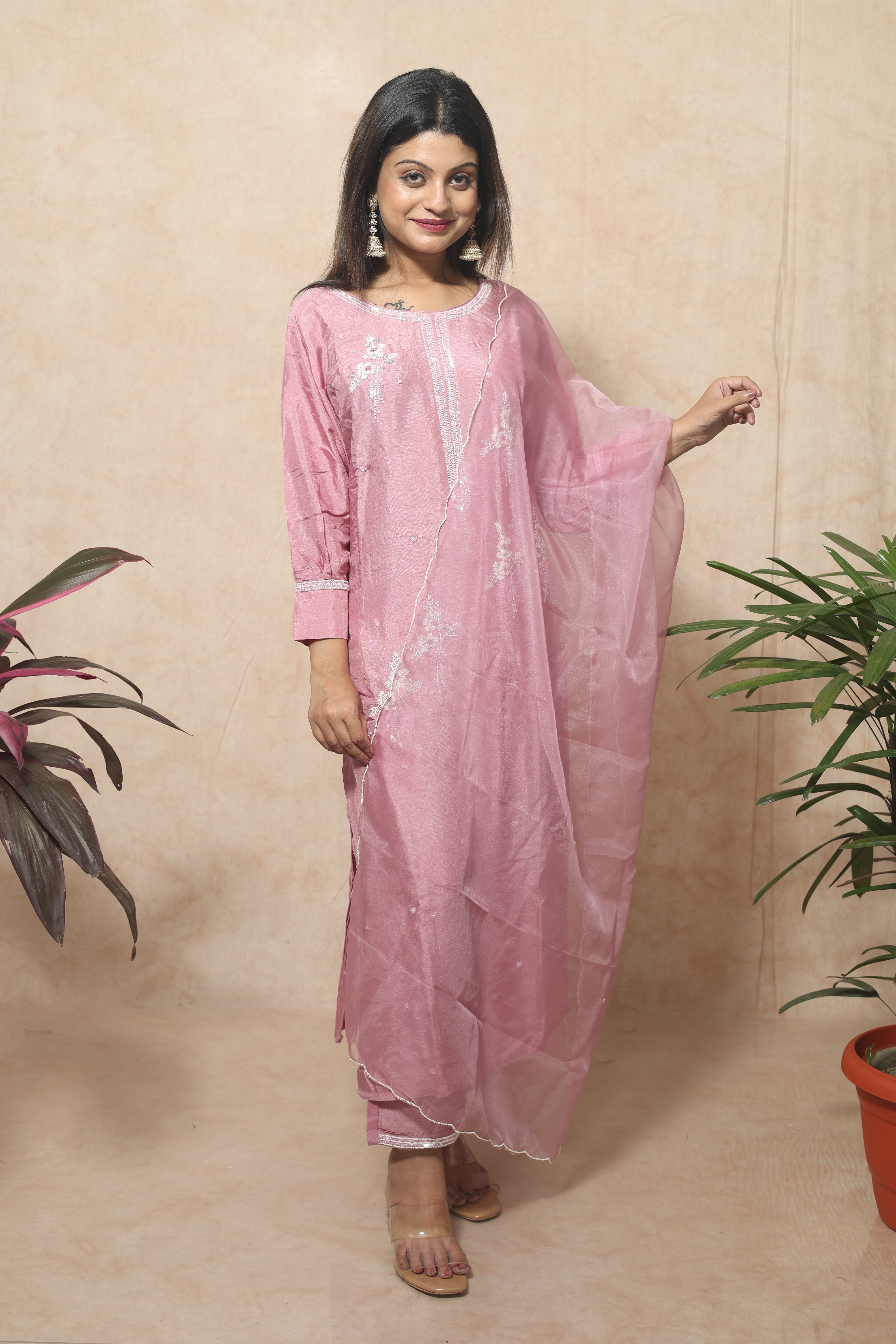 Pastel pink dola silk suit with handwork, ideal for women's wear