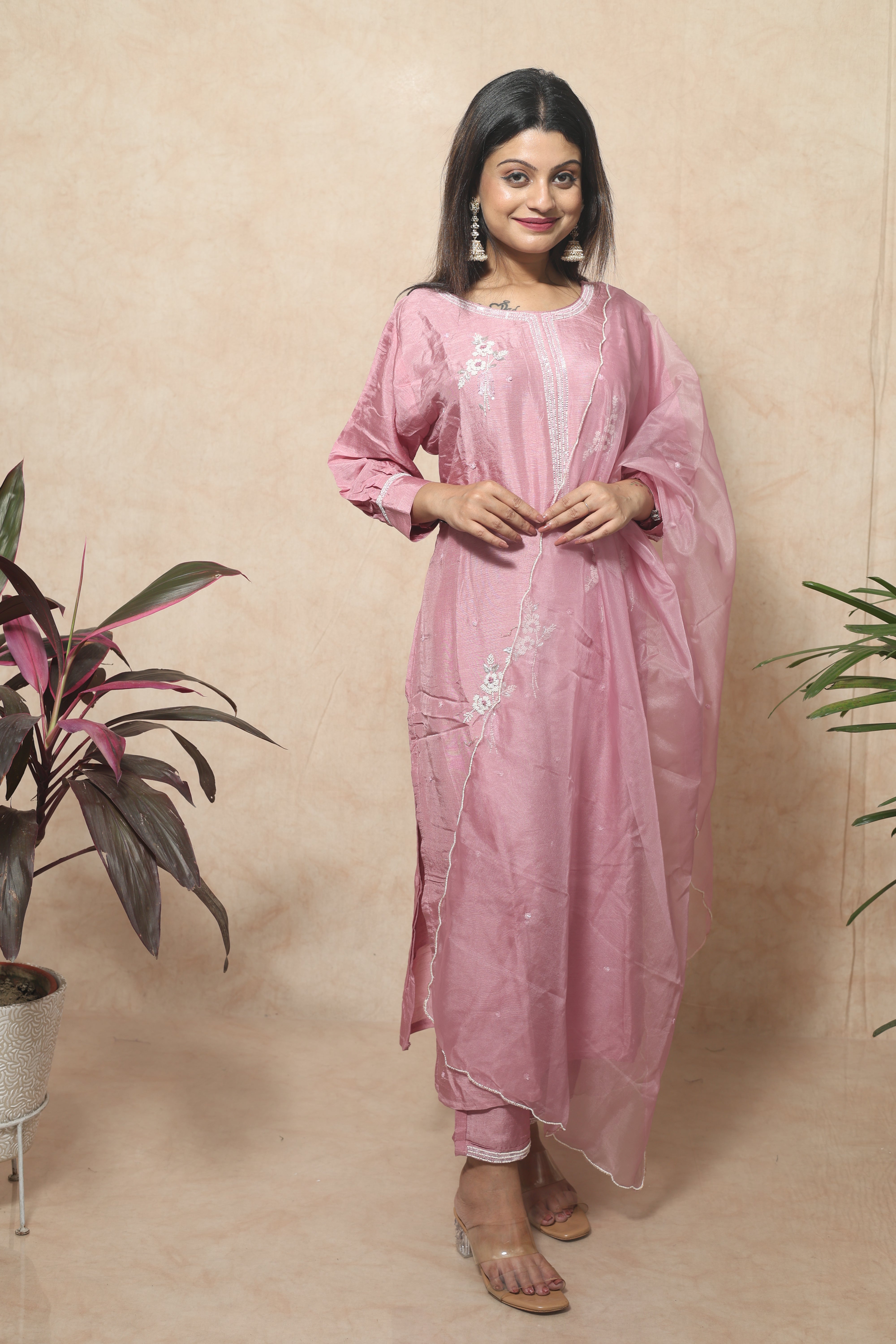 Pastel Pink Color Hand Work Dola Silk Suit Set