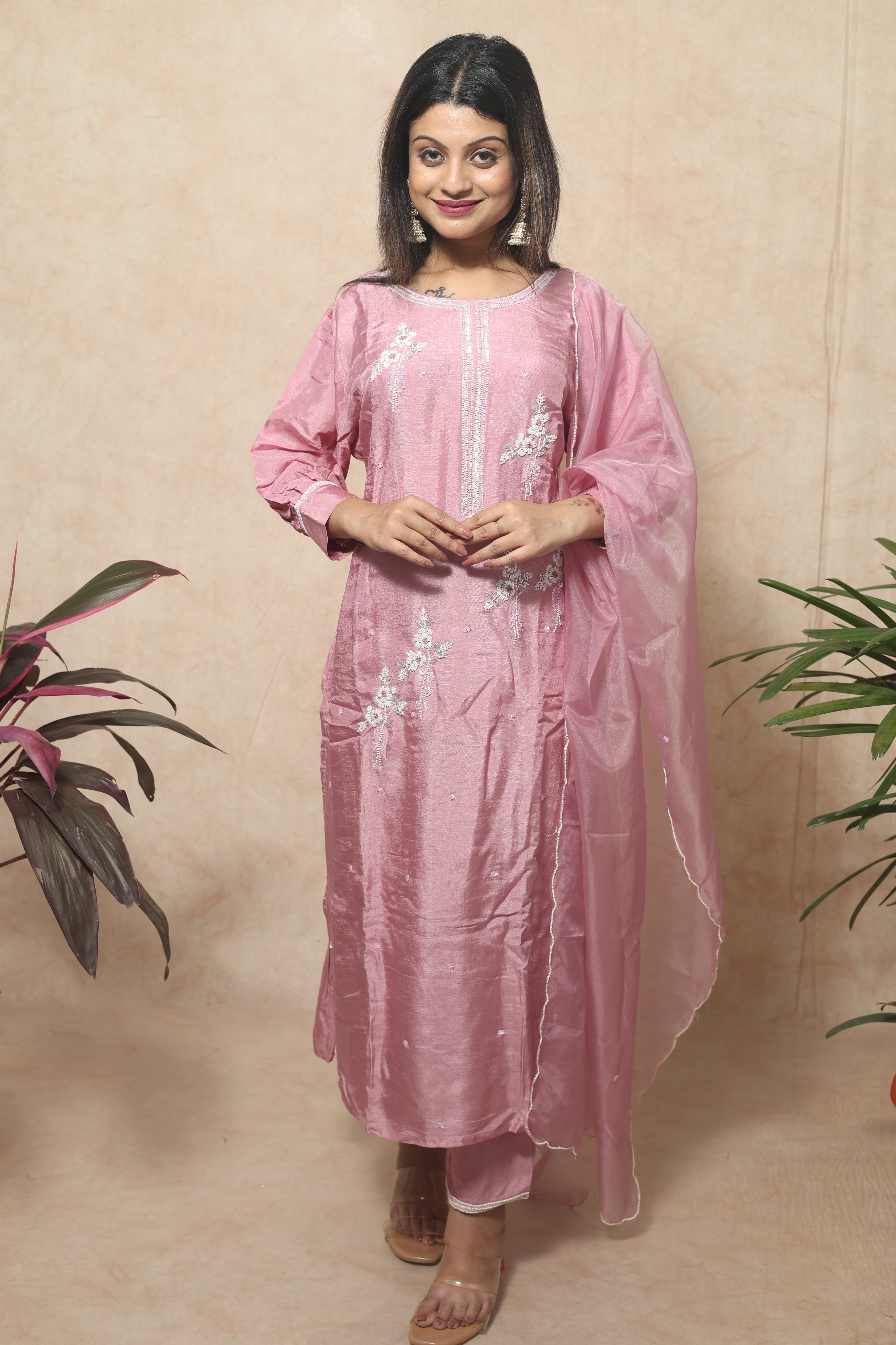 Pastel Pink Color Hand Work Dola Silk Suit Set