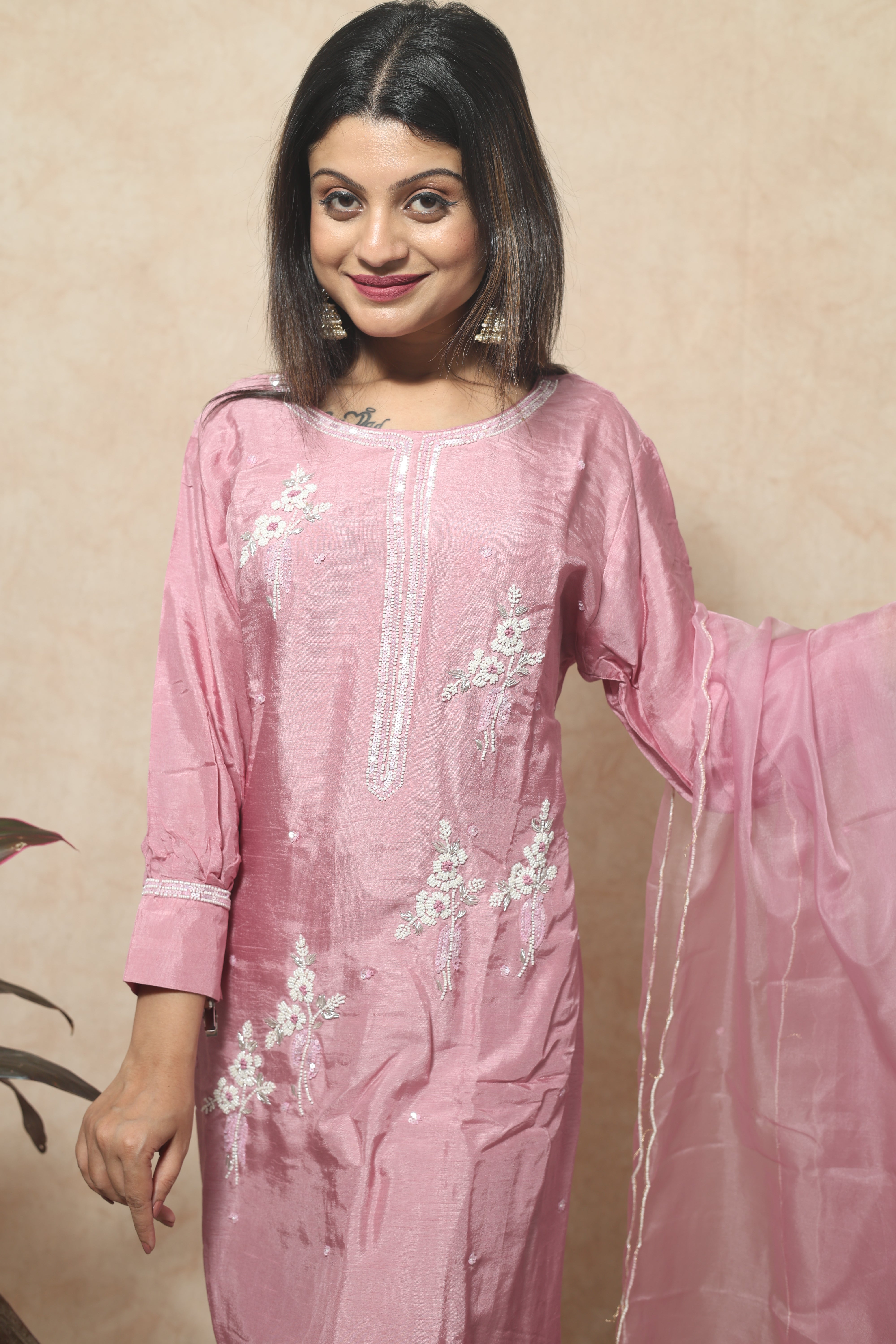 Pastel Pink Color Hand Work Dola Silk Suit Set