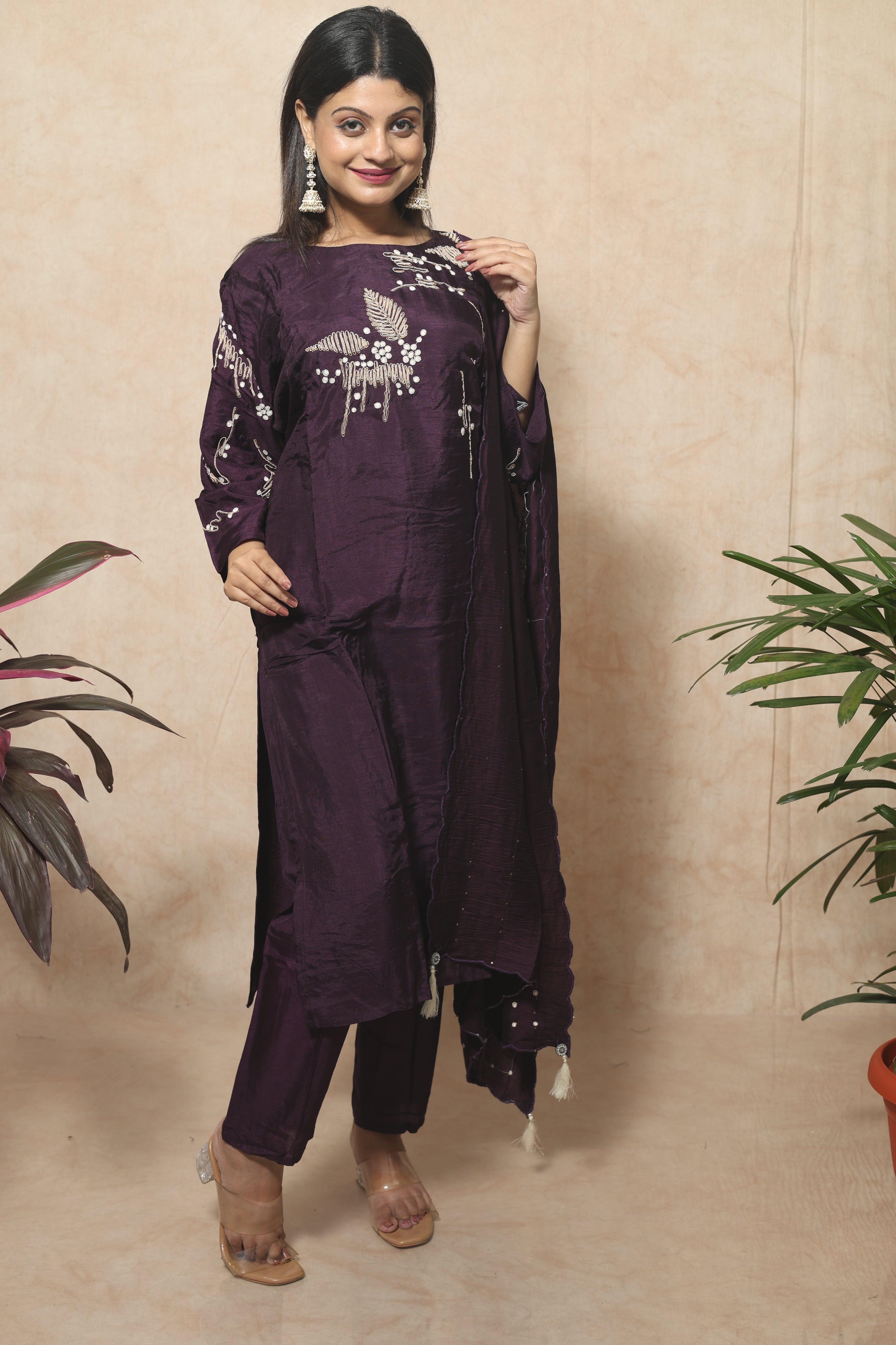 dola silk suit with hand embroidery, perfect for women's wear