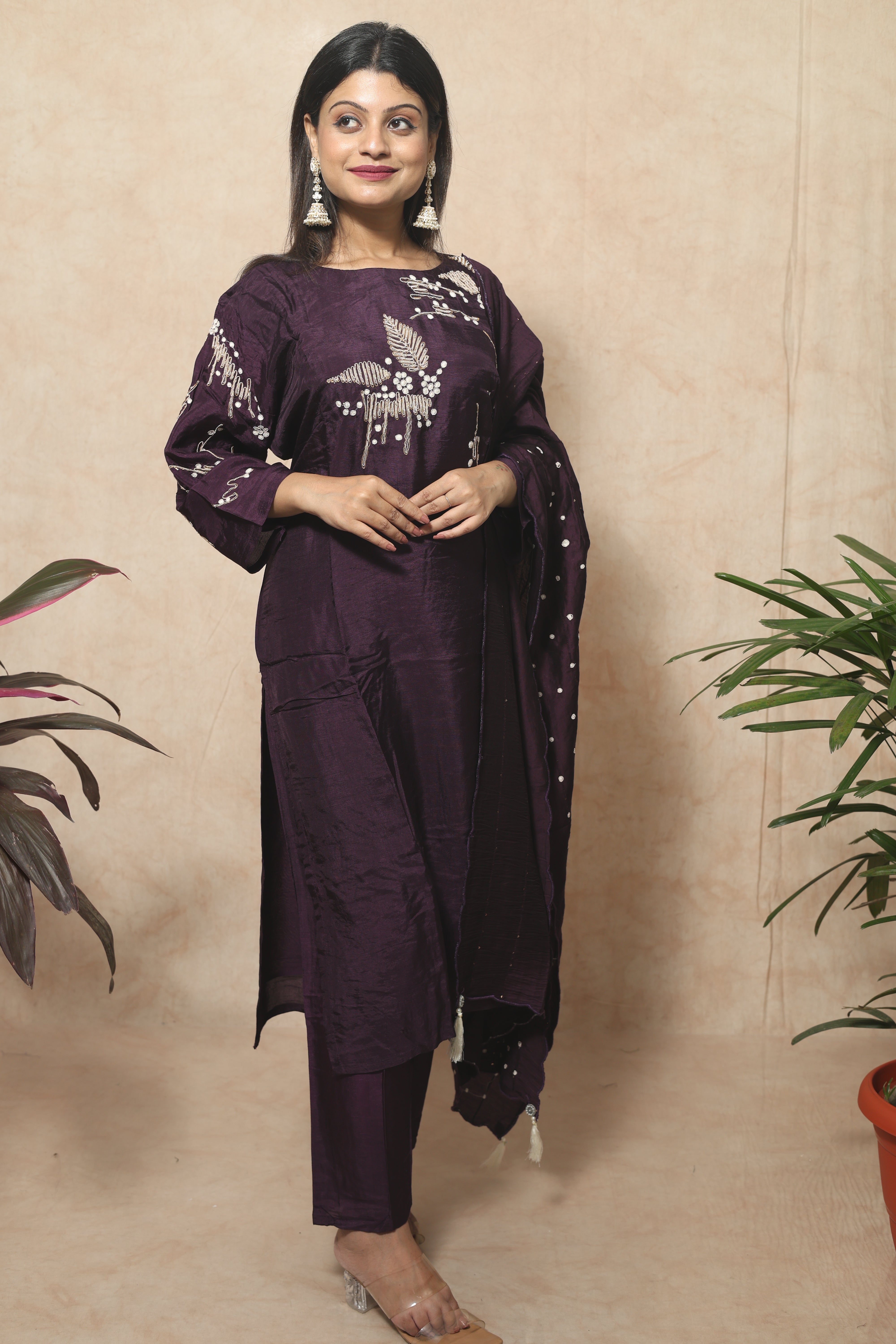 Wine Color Hand Embroidery Dola Silk Suit Set