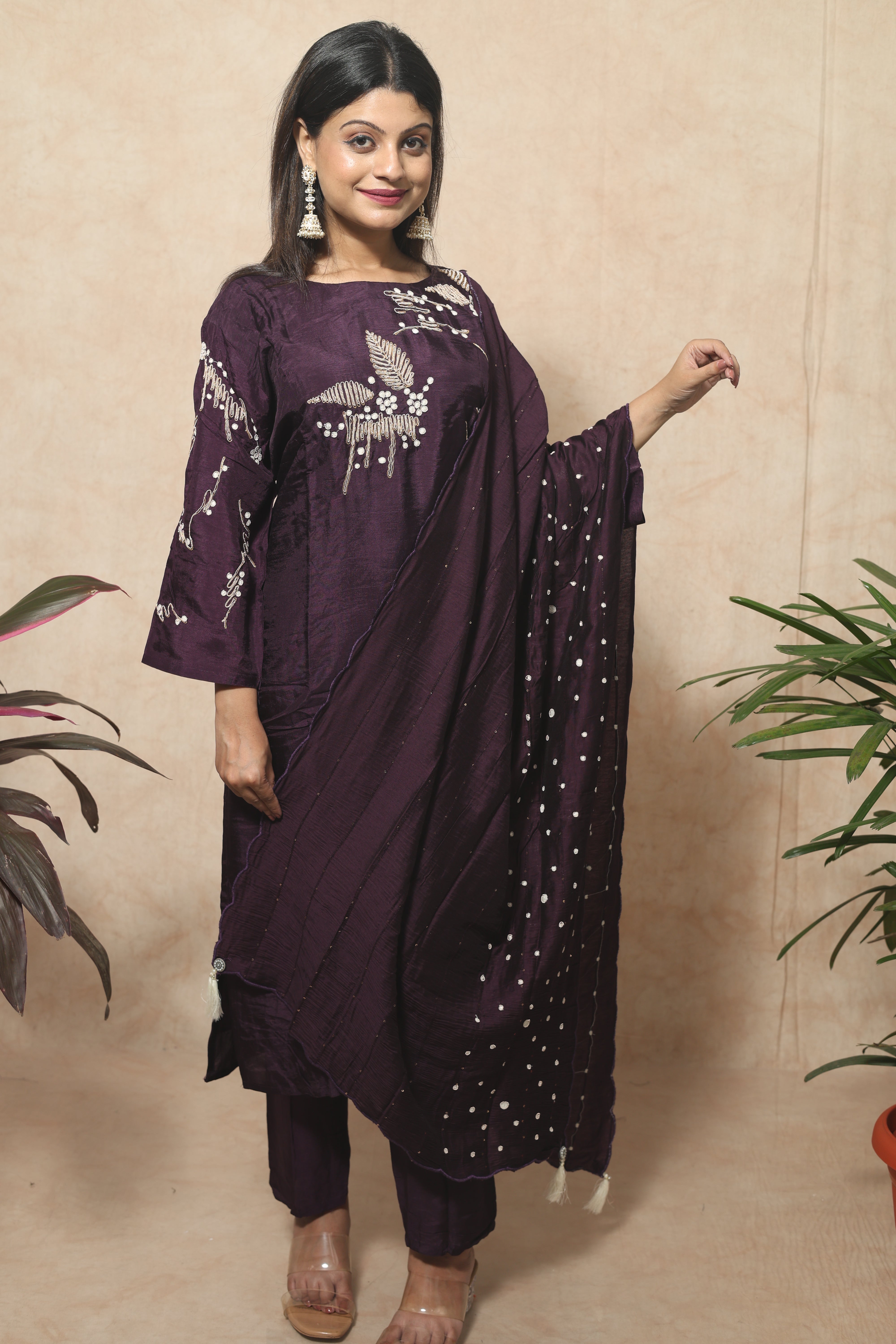 Wine Color Hand Embroidery Dola Silk Suit Set