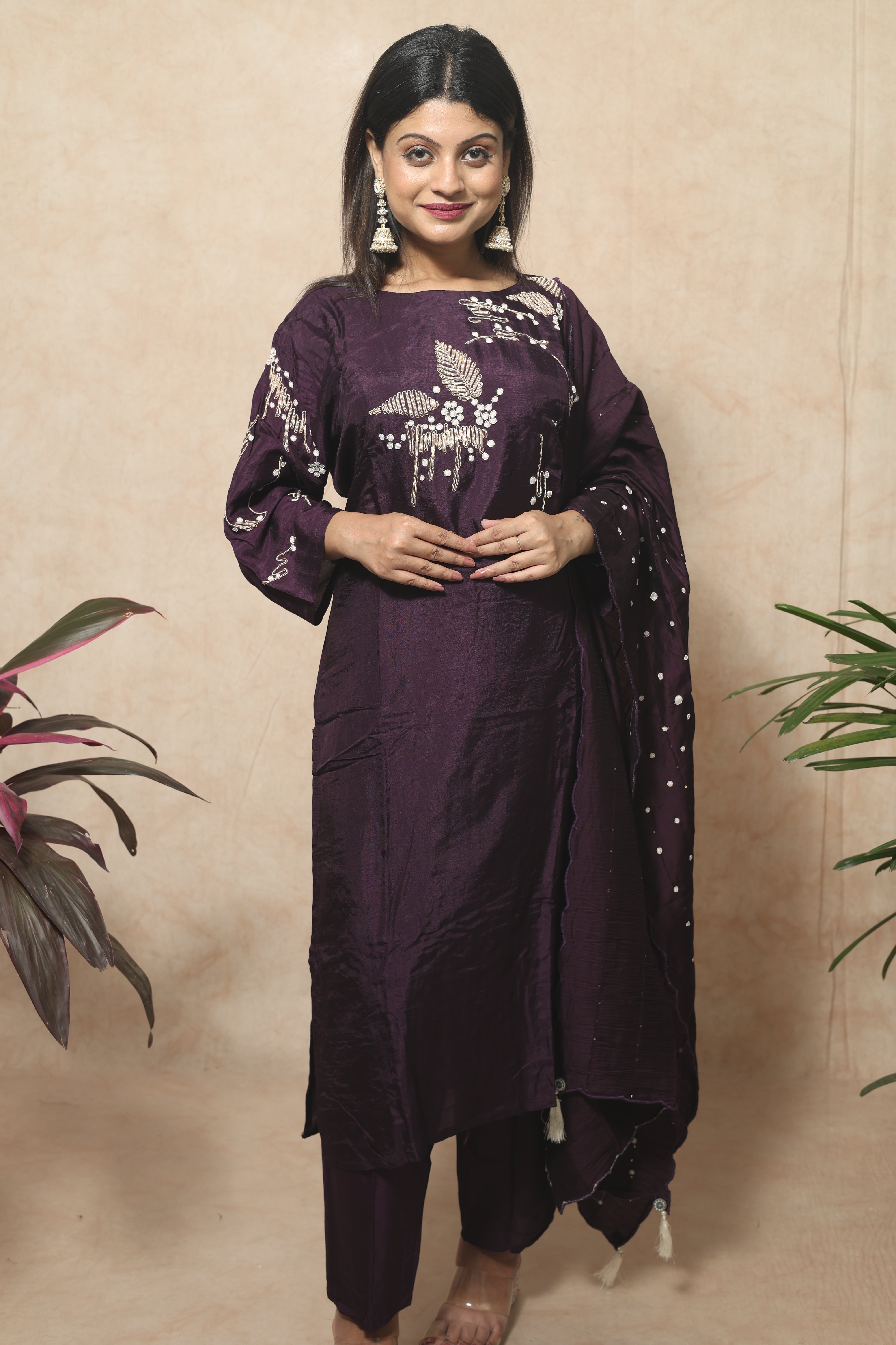 Wine Color Hand Embroidery Dola Silk Suit Set