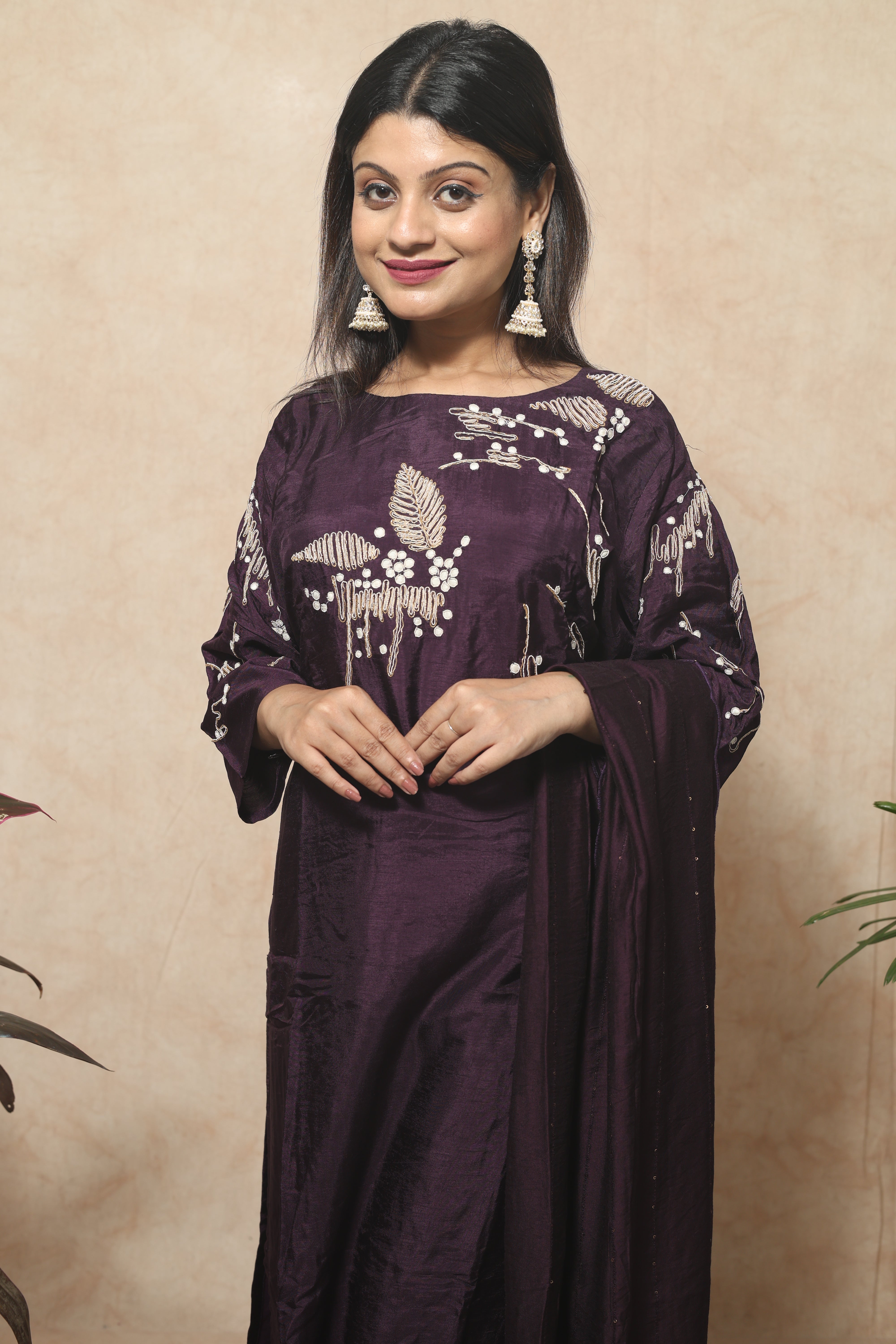 Wine Color Hand Embroidery Dola Silk Suit Set