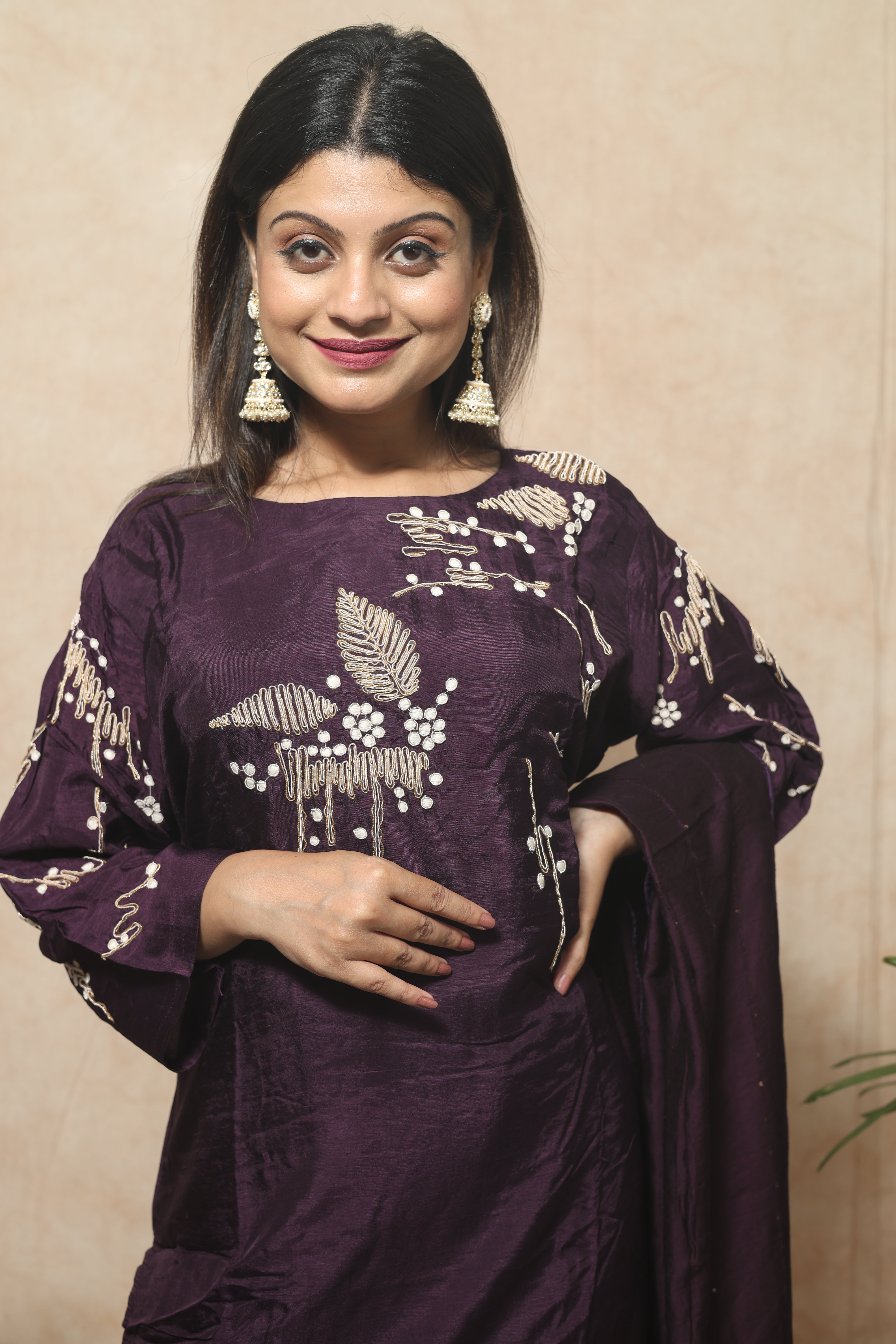 Wine Color Hand Embroidery Dola Silk Suit Set