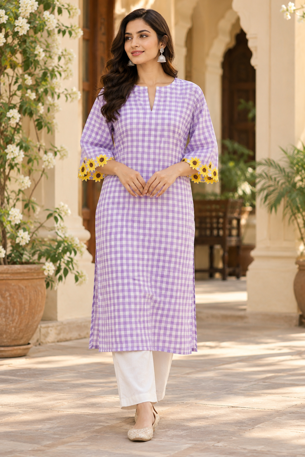 Lavender Check Cotton Embroidered Kurta