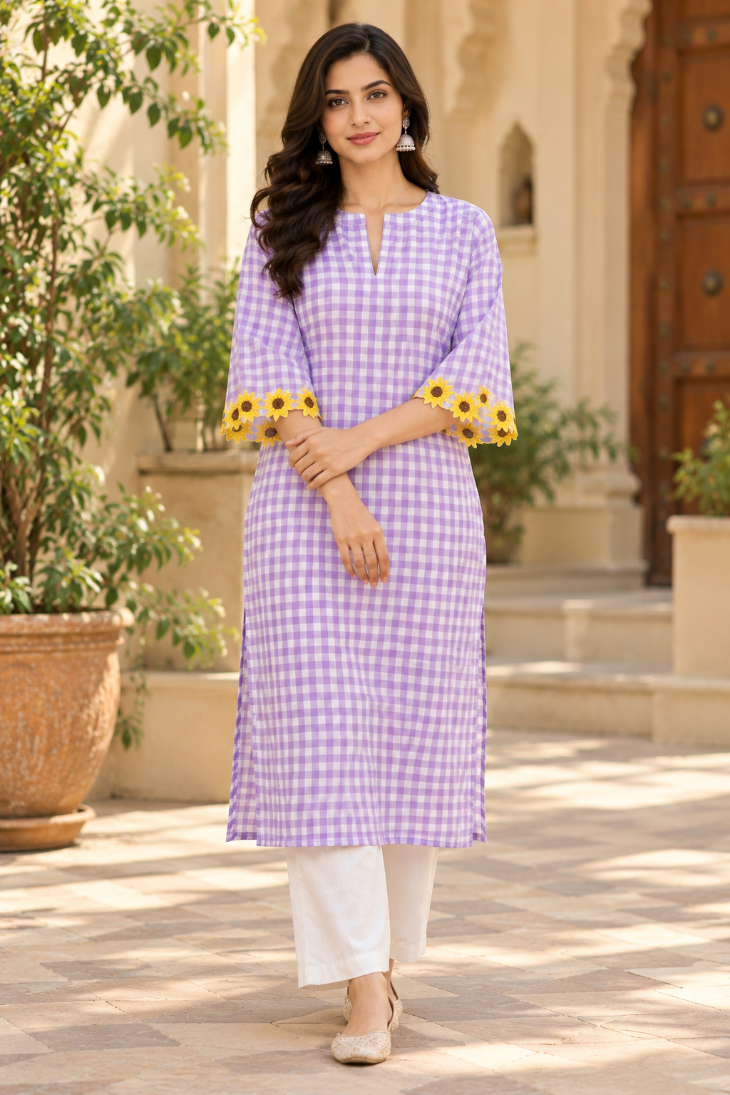 Lavender Check Cotton Embroidered Kurta