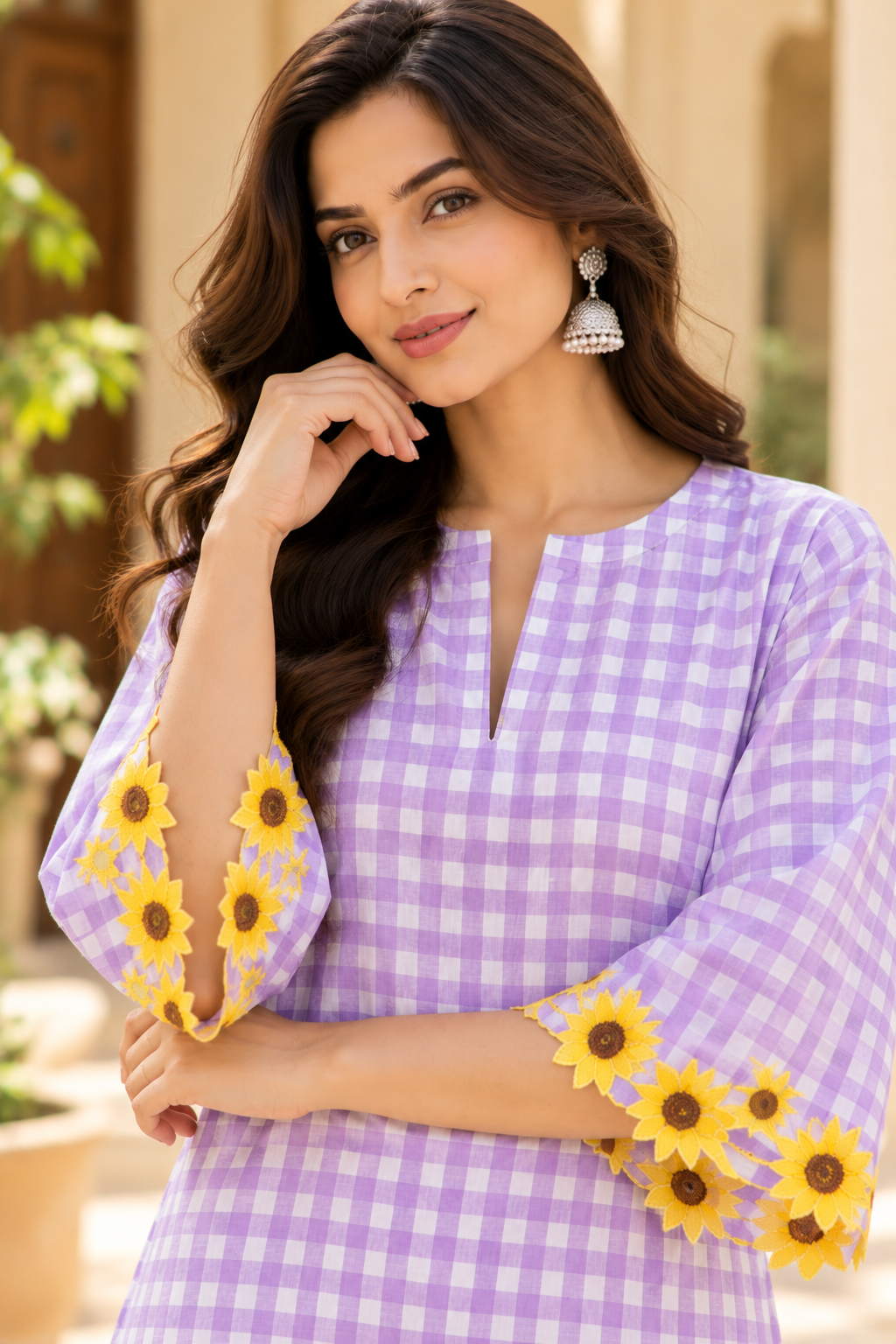 Lavender Check Cotton Embroidered Kurta