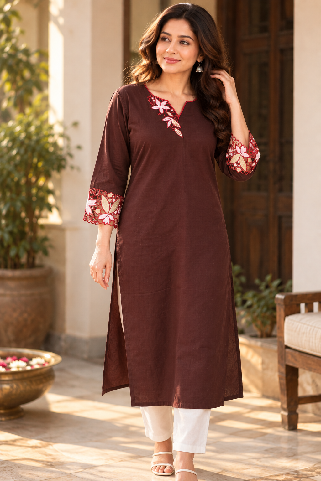 Chocolate Floral Embroidered With Cut Work Cotton Long Kurta