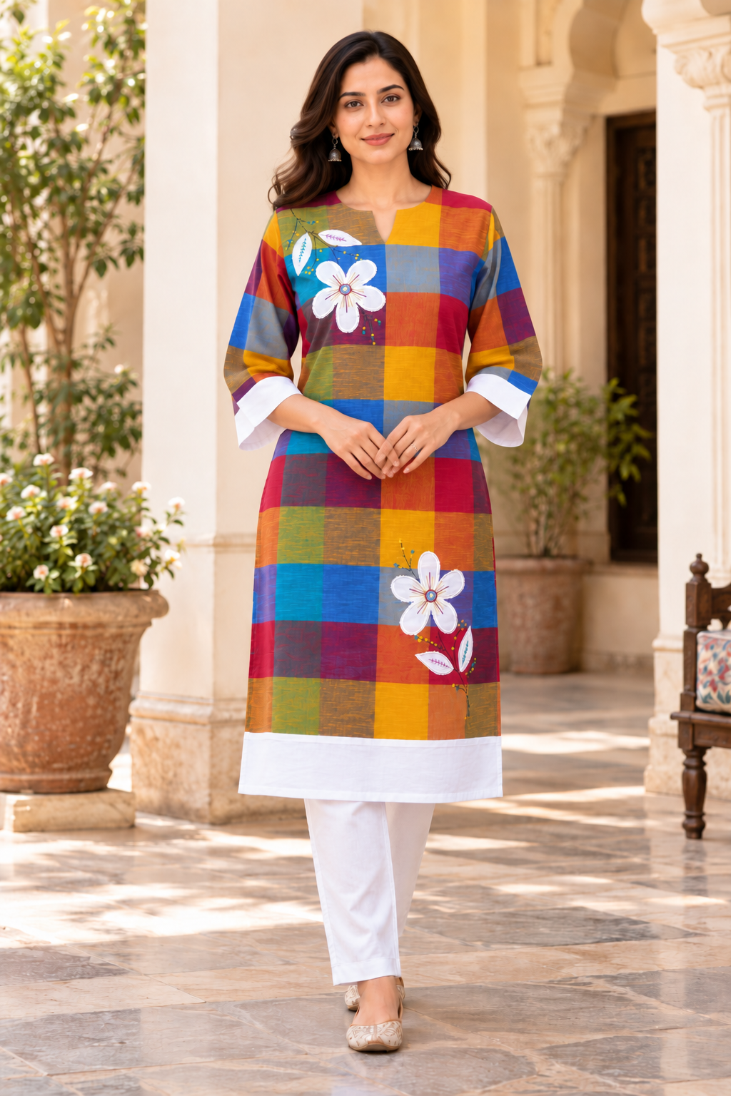 Multi Color Check Cotton Applique Embroidered Kurta