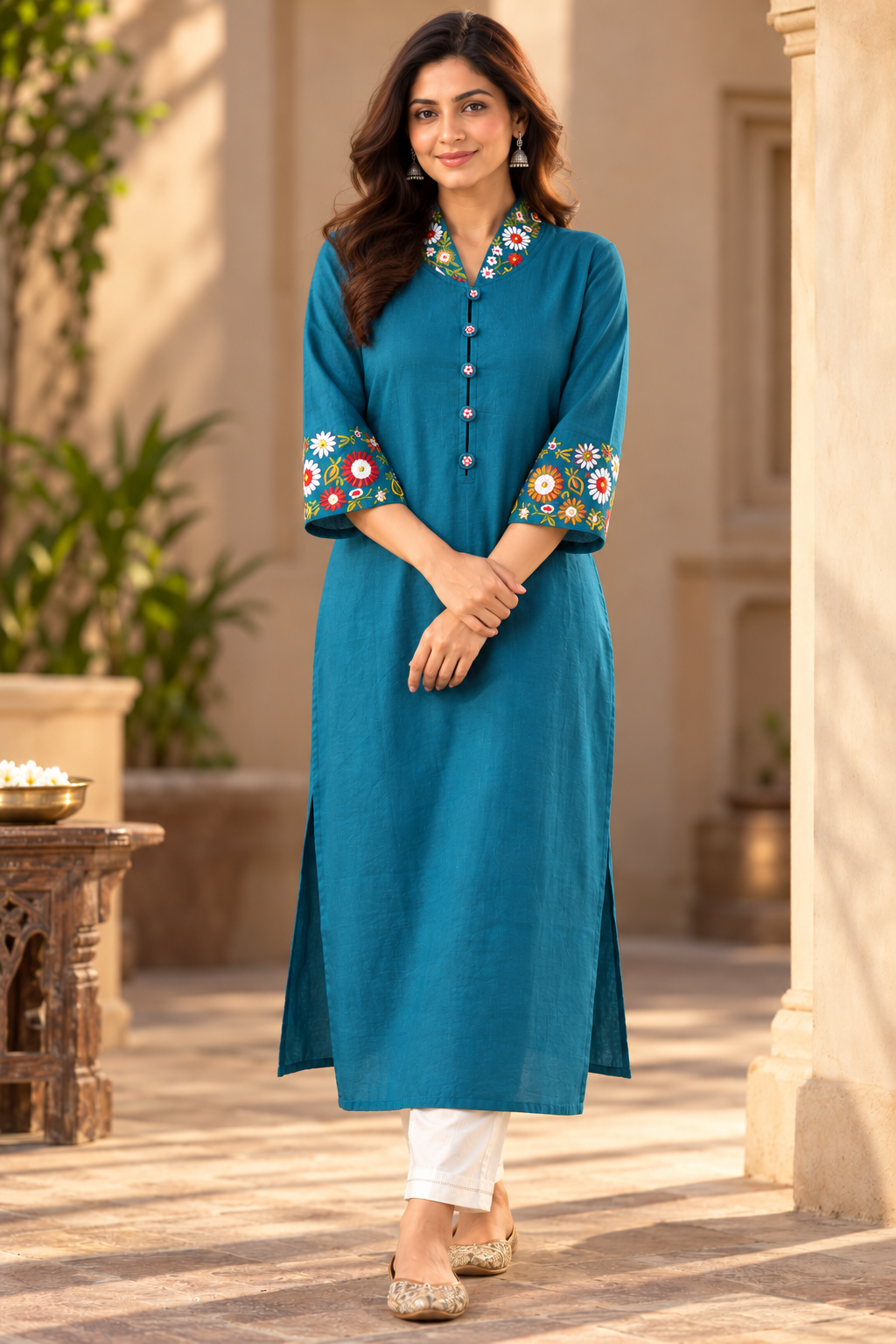 Turquoise Embroidered Cotton Long Kurta