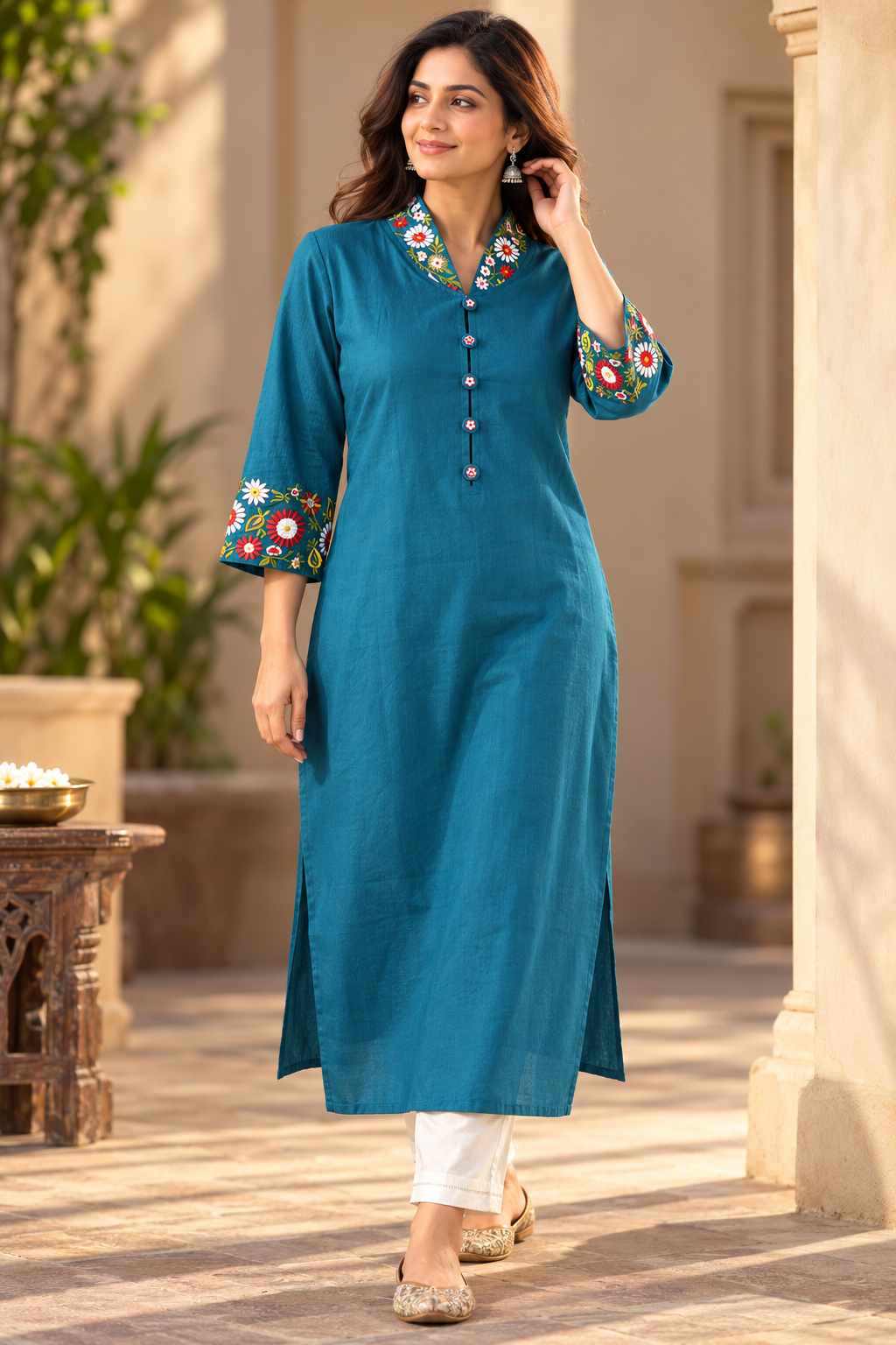 Turquoise Embroidered Cotton Long Kurta
