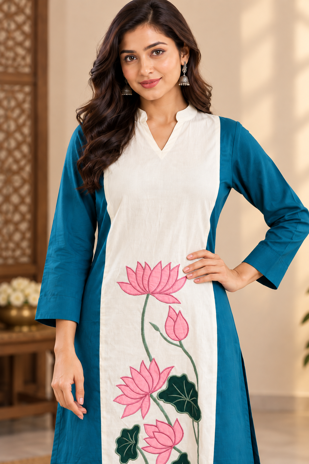 Turquoise-Off White Cotton Embroidered long Kurta