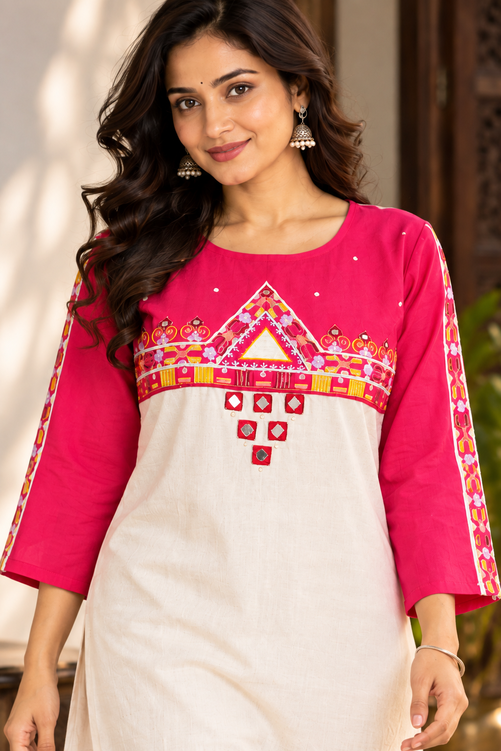 Ivory-Pink Cotton Embroidered Long Kurta
