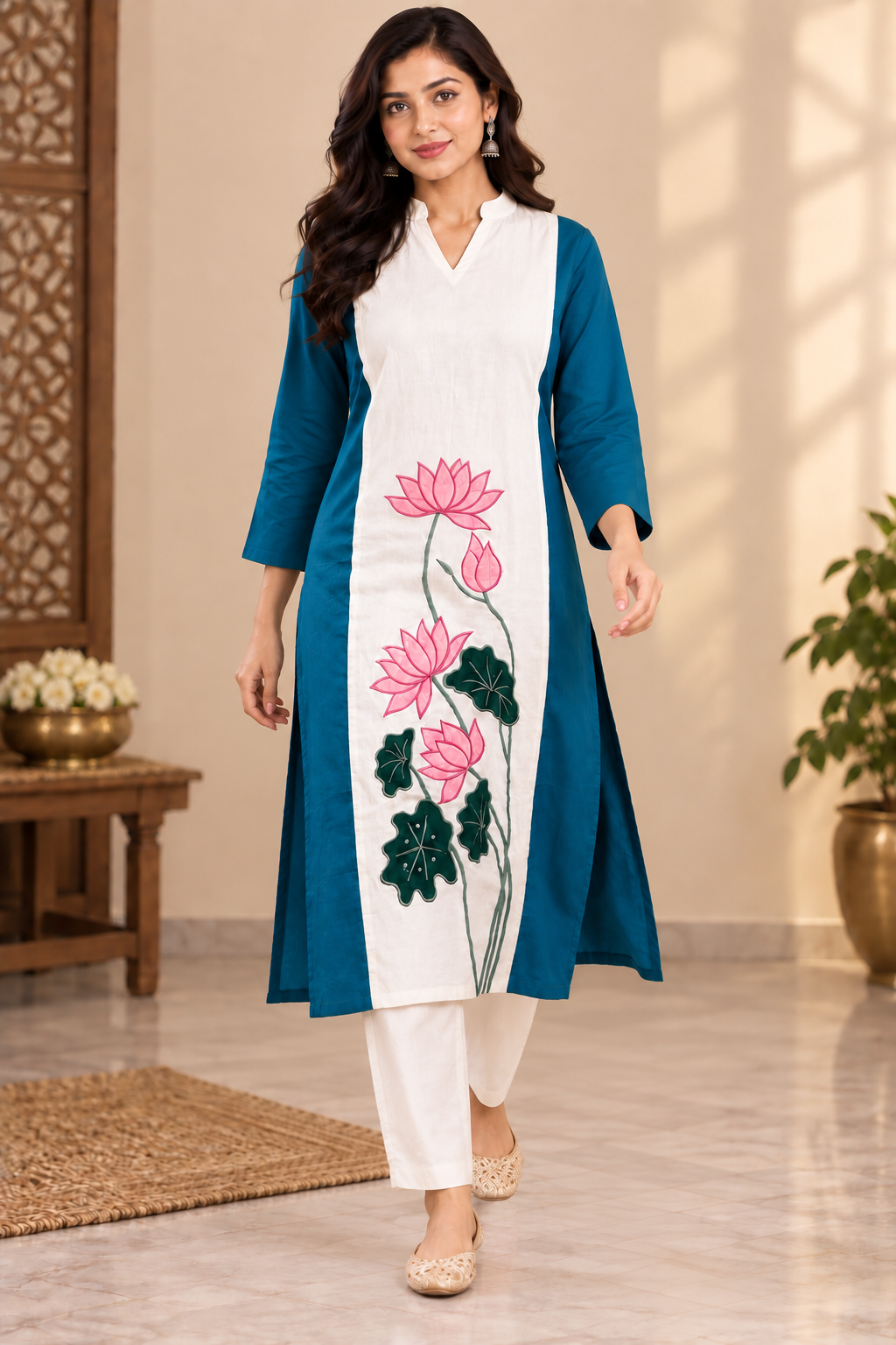 Turquoise-Off White Cotton Embroidered long Kurta